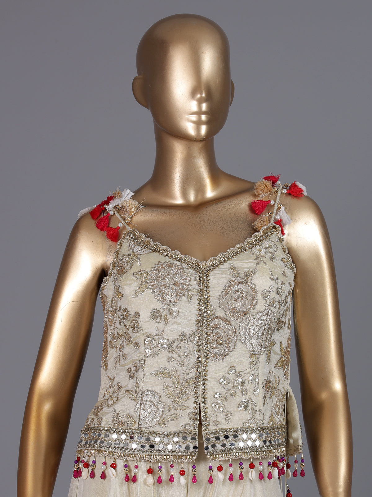 Cream designer shimmer silk palazzo suit with choker
