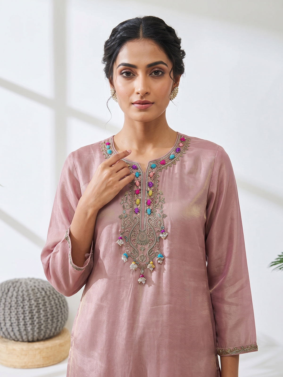 Onion pink tissue silk palazzo suit with dupatta