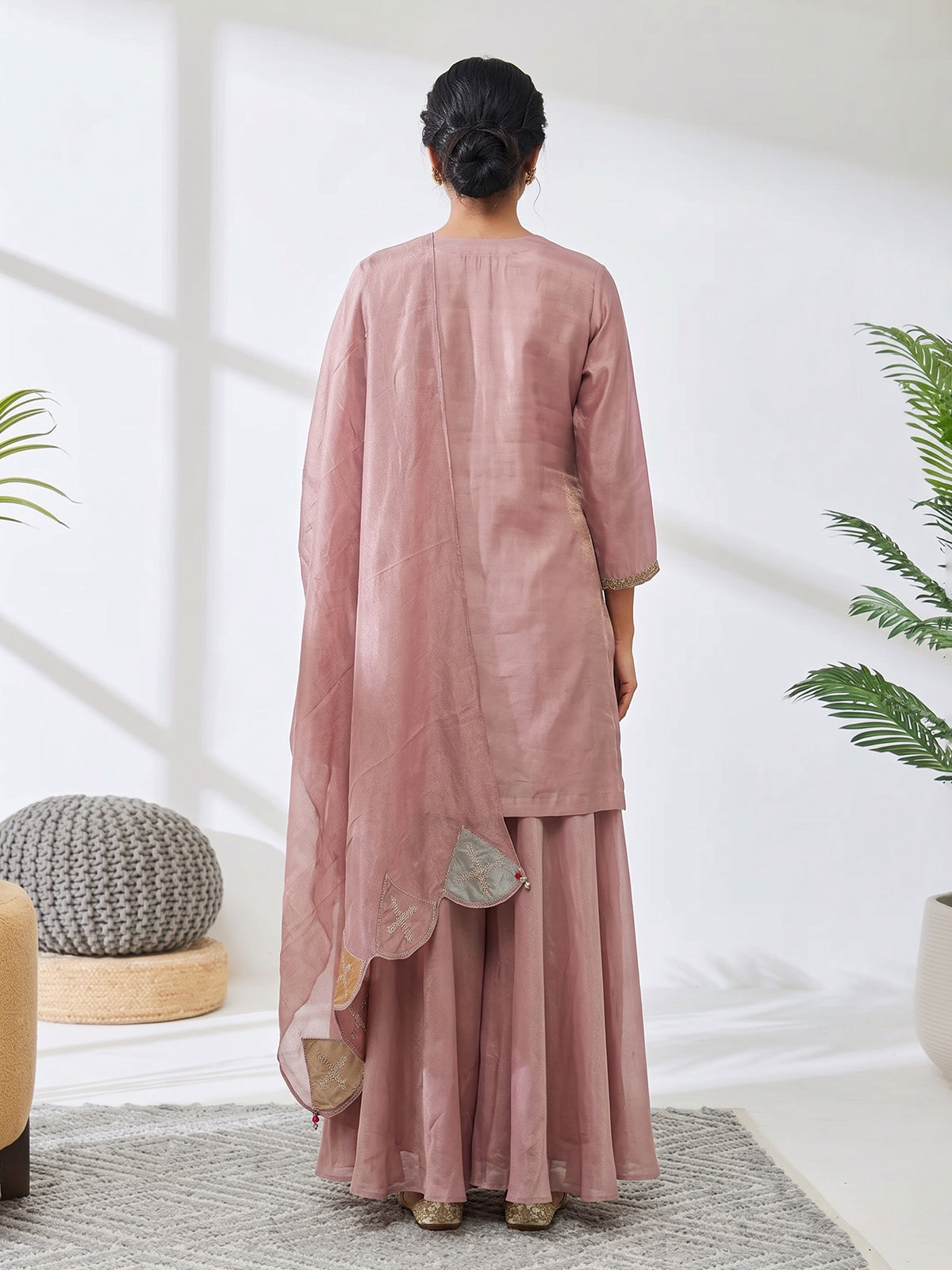 Onion pink tissue silk palazzo suit with dupatta