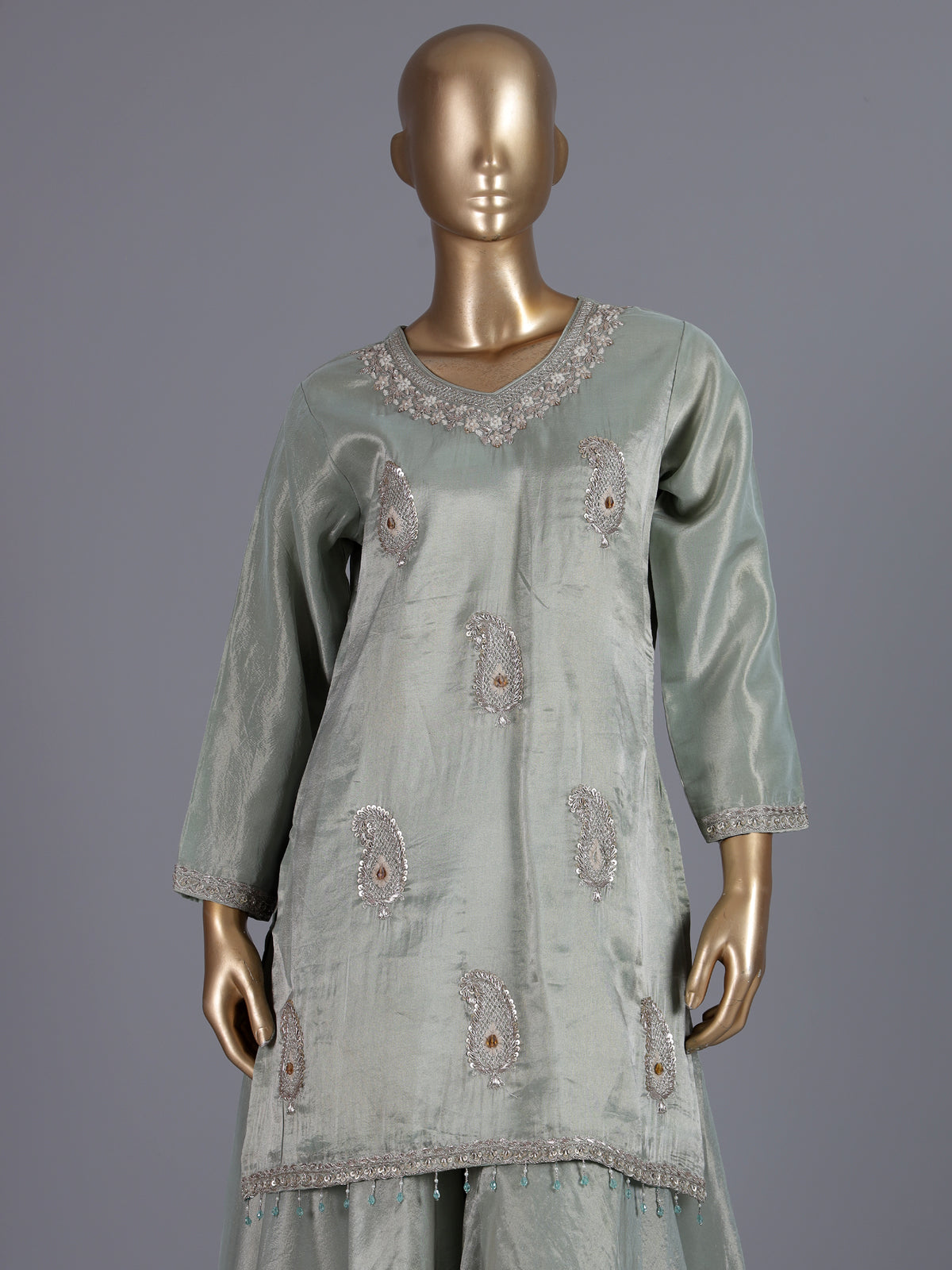 Mint green embroidered satin silk palazzo suit