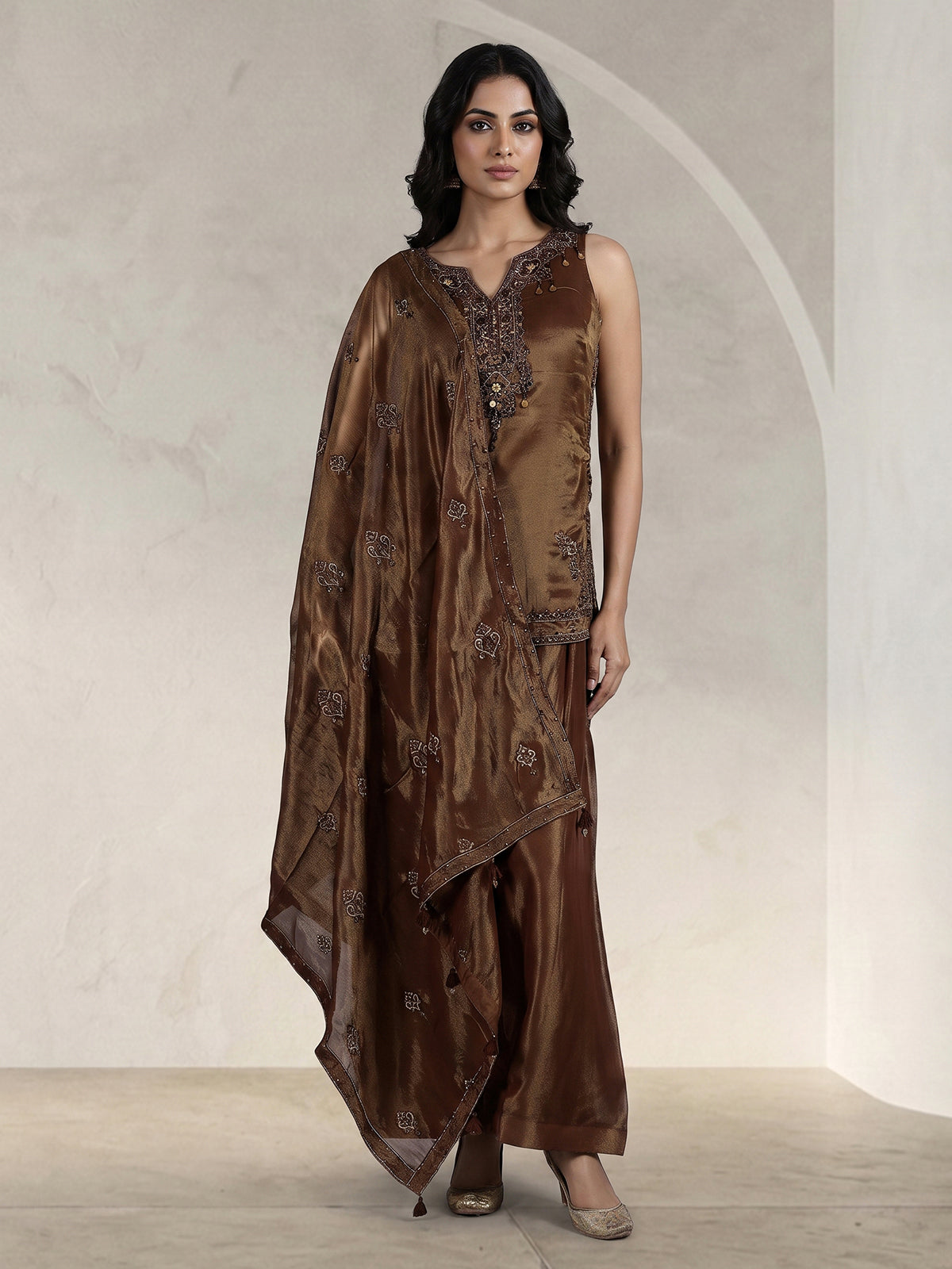 Brown embroidered art silk palazzo suit for women