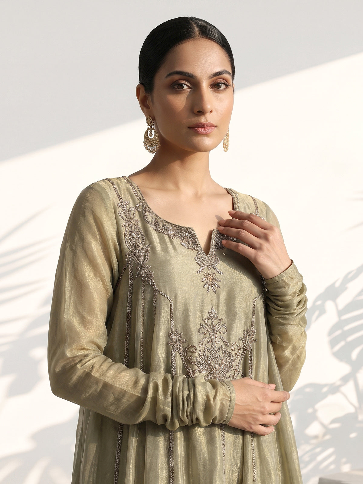 Pista green organza anarkali pant suit with dupatta