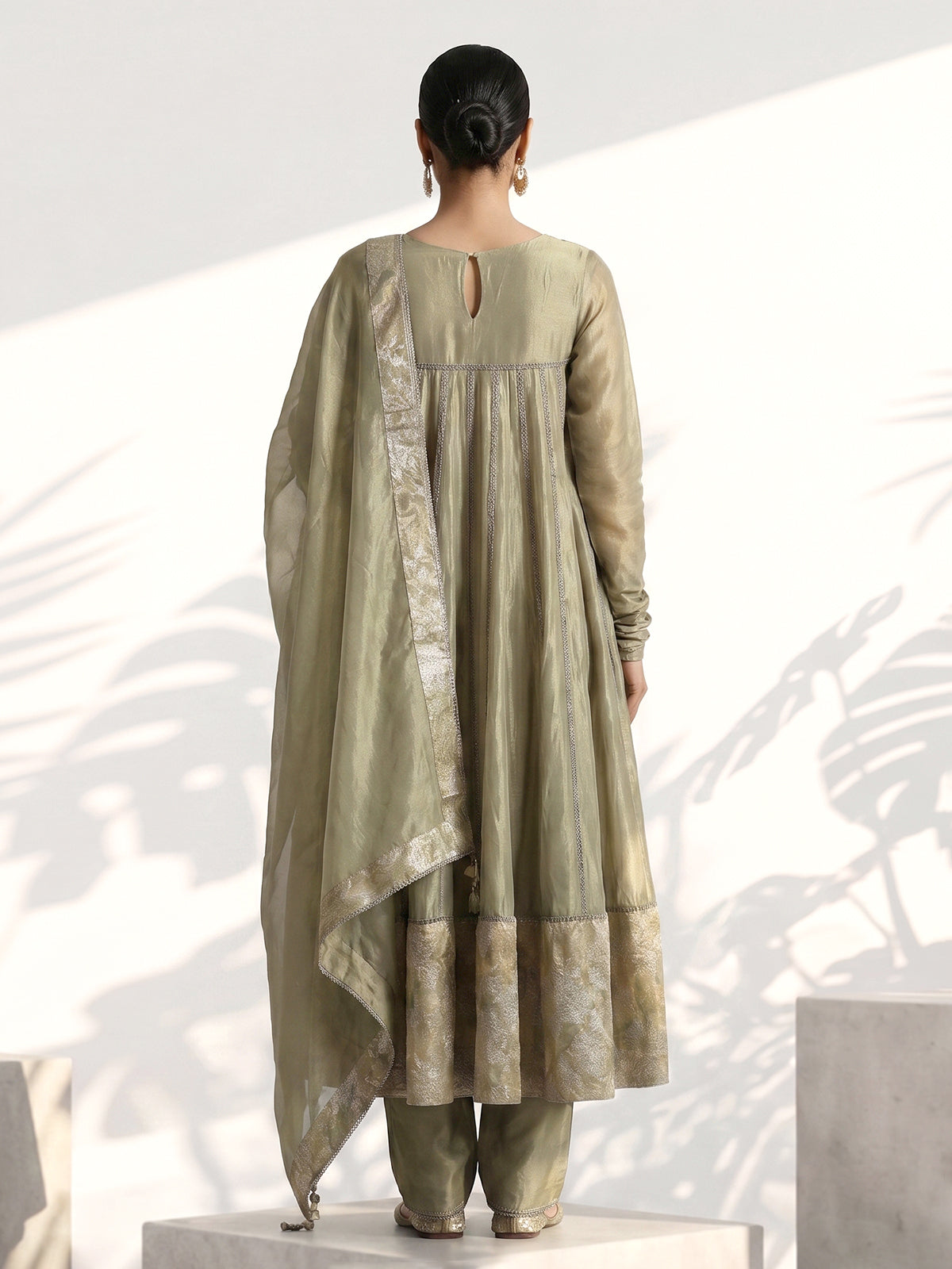 Pista green organza anarkali pant suit with dupatta