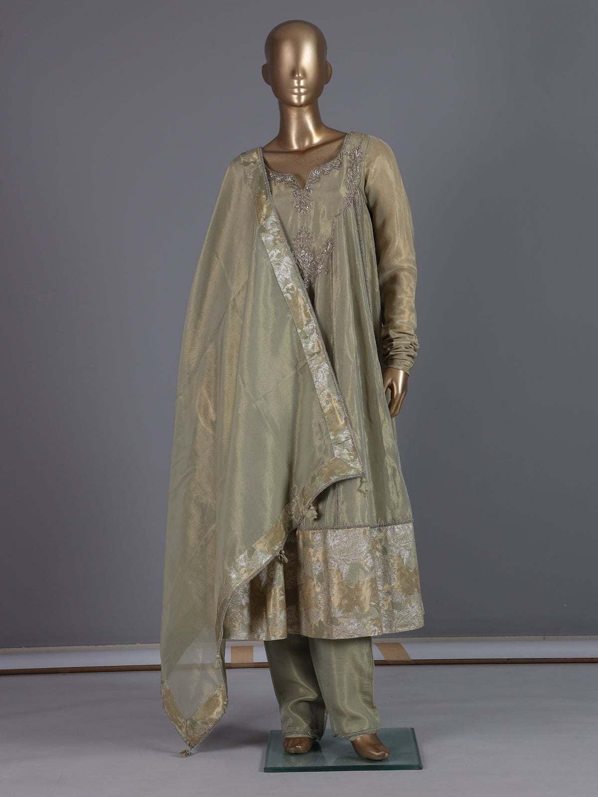 Pista green organza anarkali pant suit with dupatta