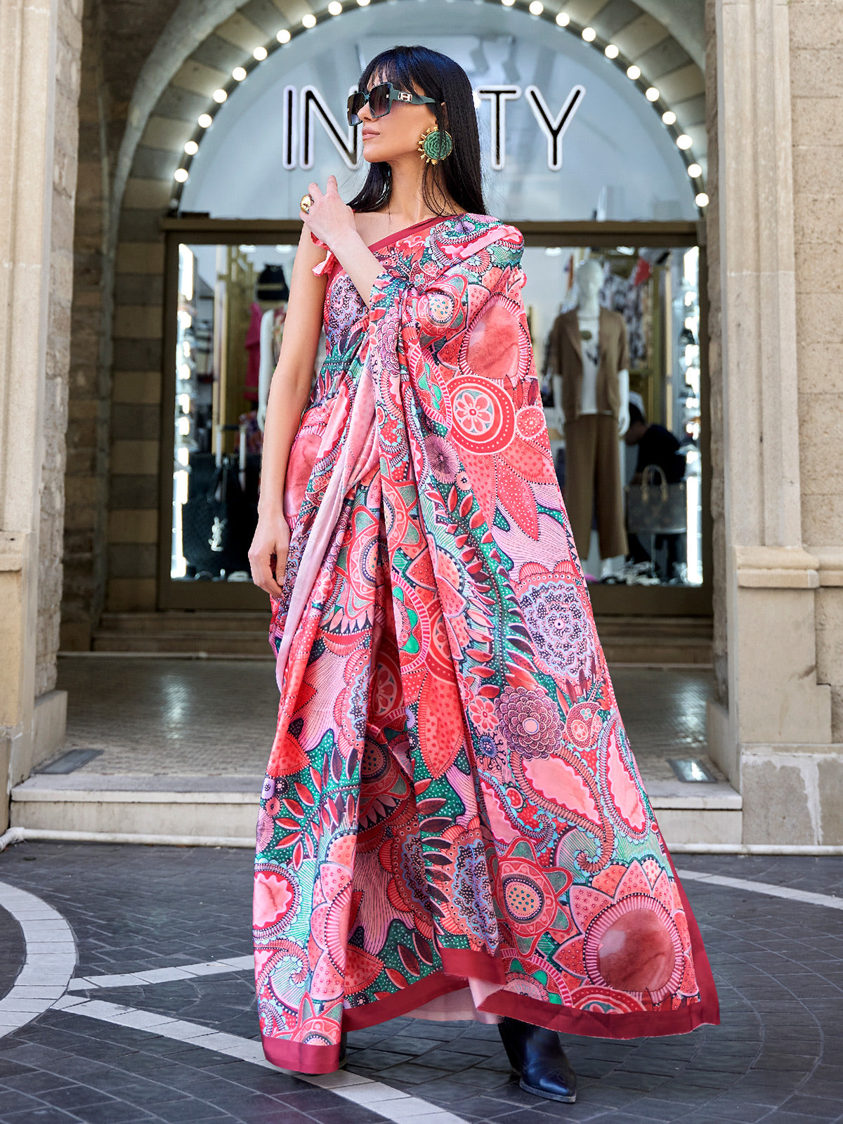 Multi colour digital printed satin crepe saree