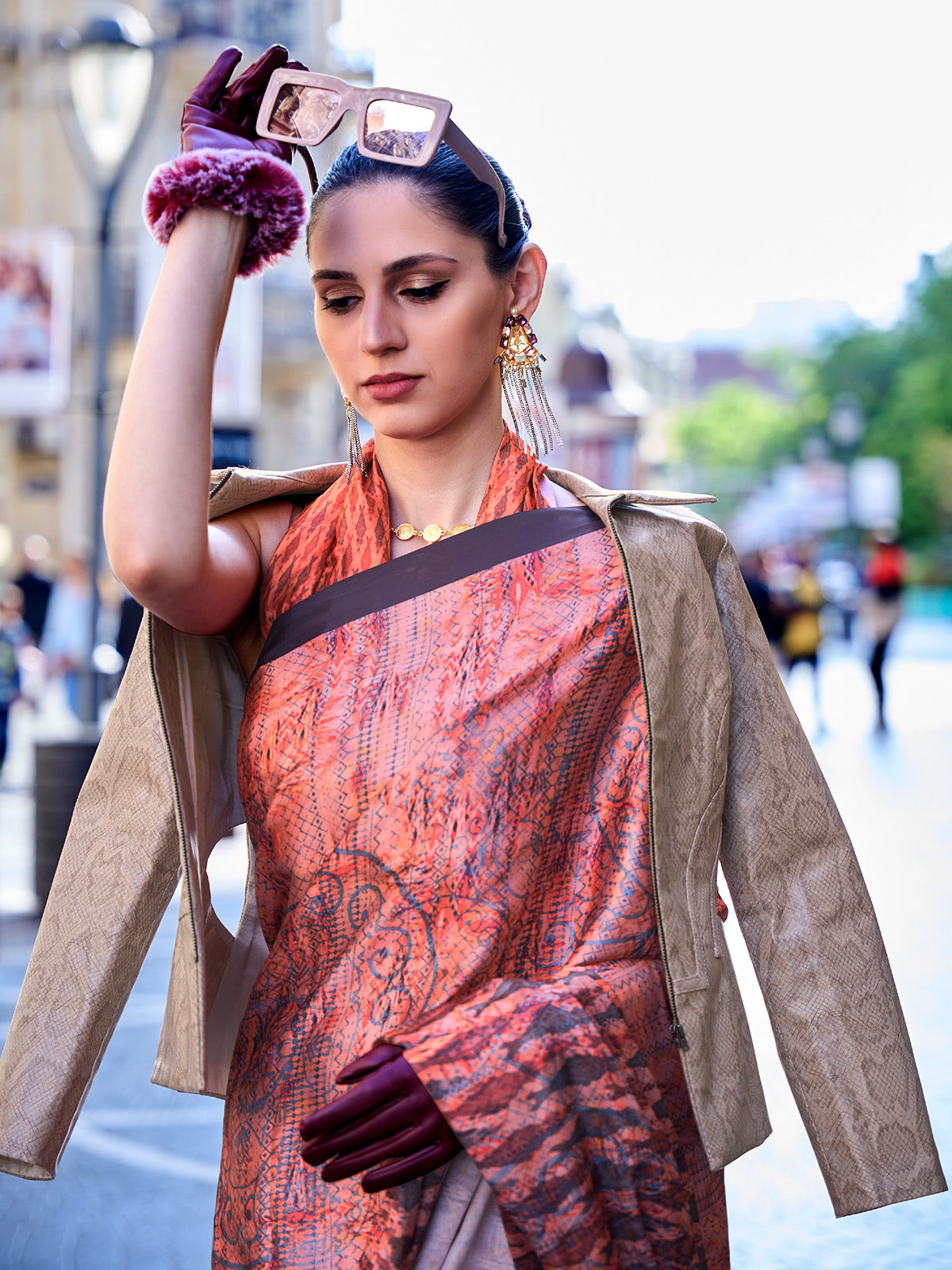 Light orange digital printed satin crepe festive saree