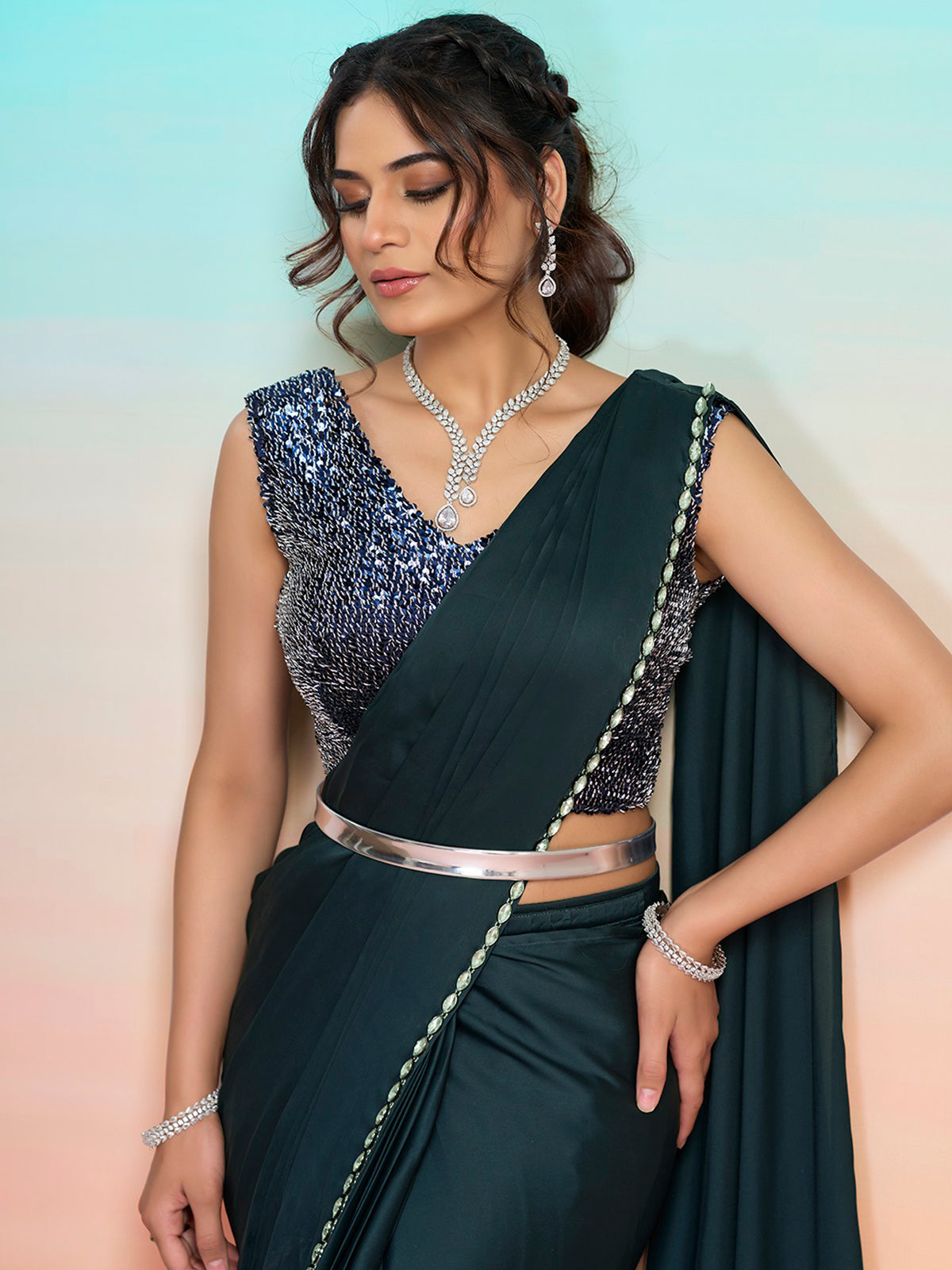 Slate blue designer ready to wear saree with jacket