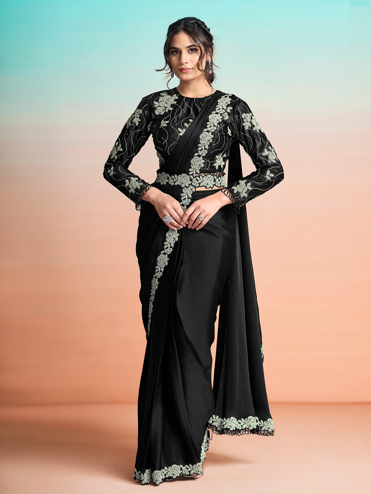 Black designer ready to wear satin silk saree with belt