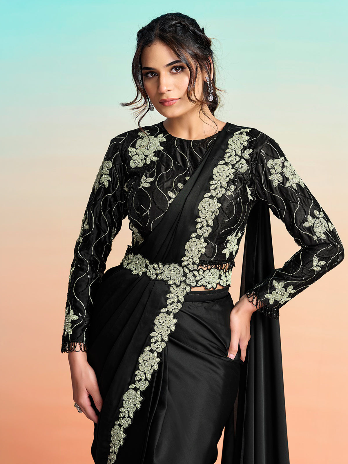 Black designer ready to wear satin silk saree with belt