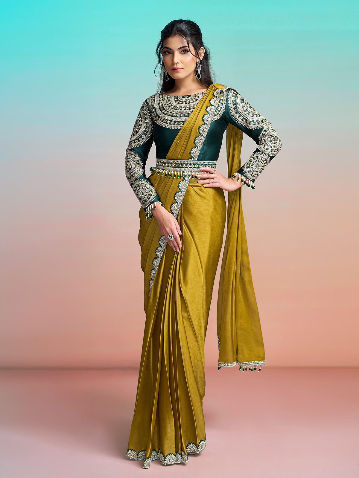 Olive embroidered ready to wear saree with designer belt