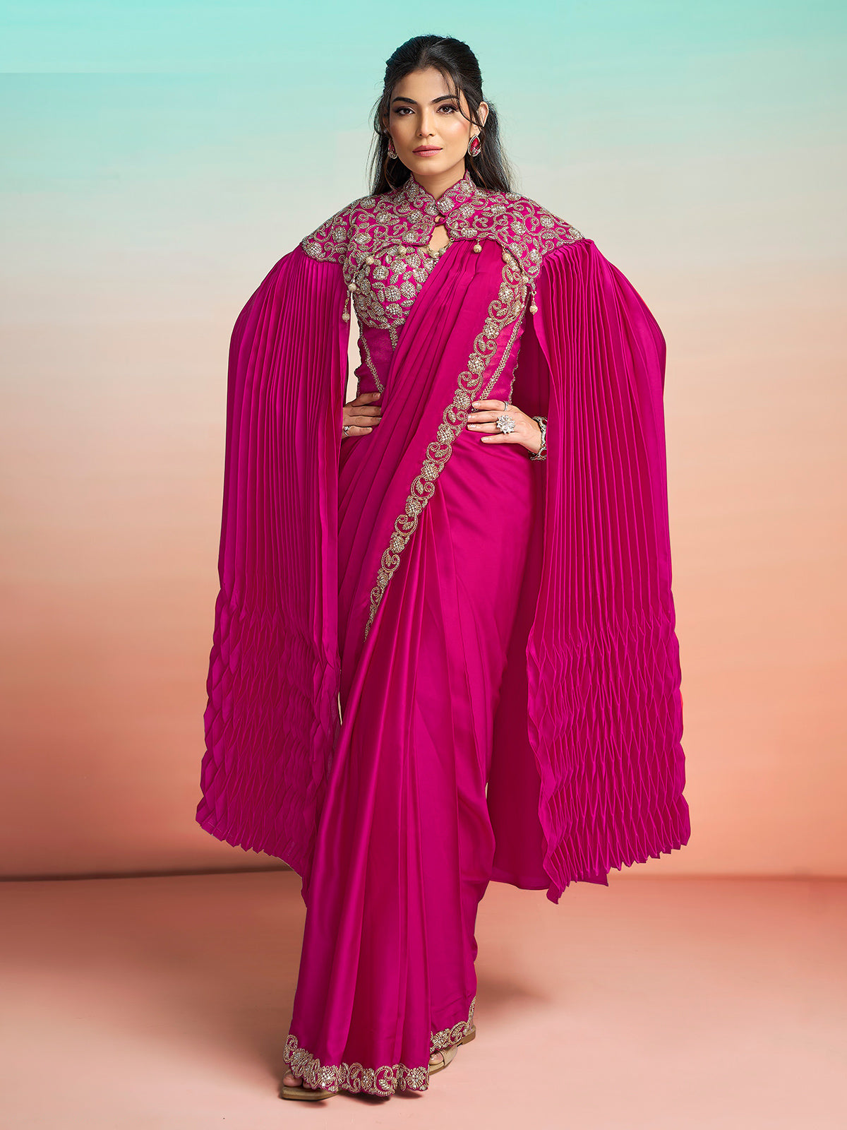 Magenta pink satin silk ready to wear saree with cape