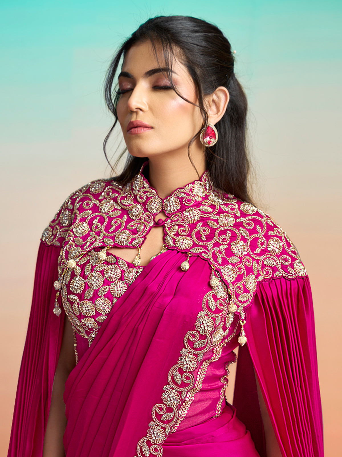 Magenta pink satin silk ready to wear saree with cape