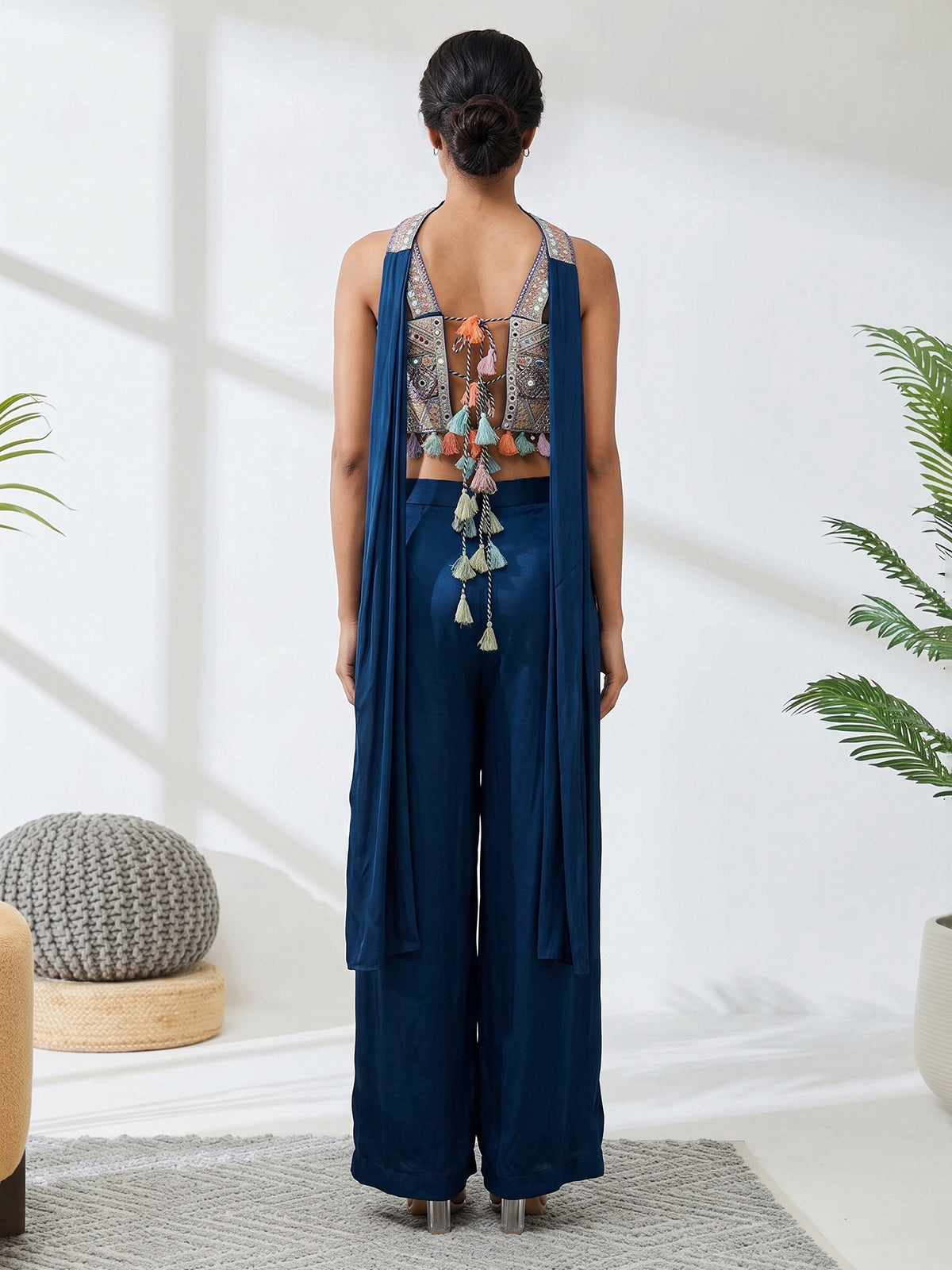 Navy blue satin silk indo western palazzo suit