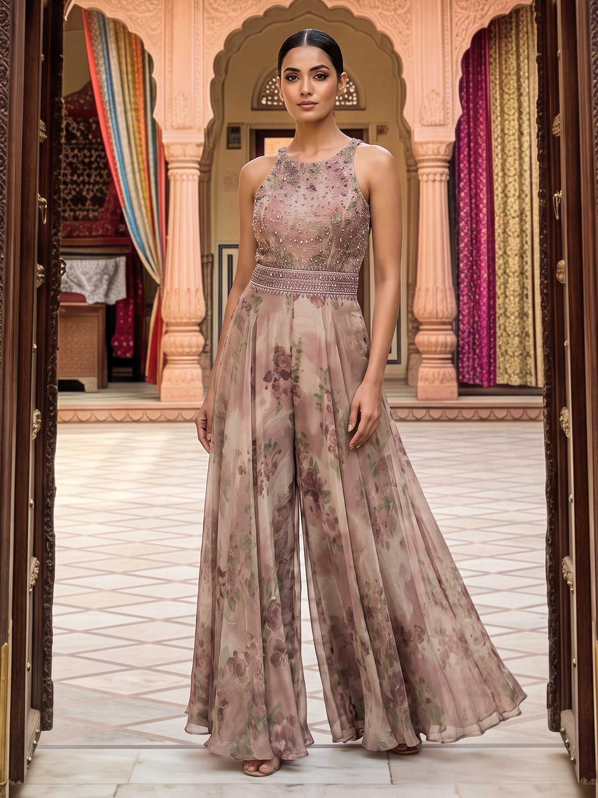 Lilac printed chiffon georgette designer for festive occasions