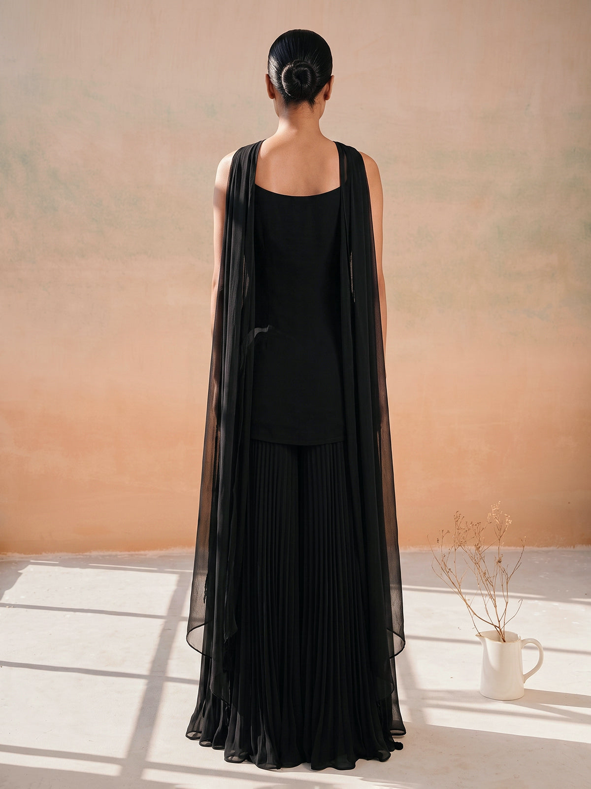 Black georgette silk embellished sharara suit with dupatta