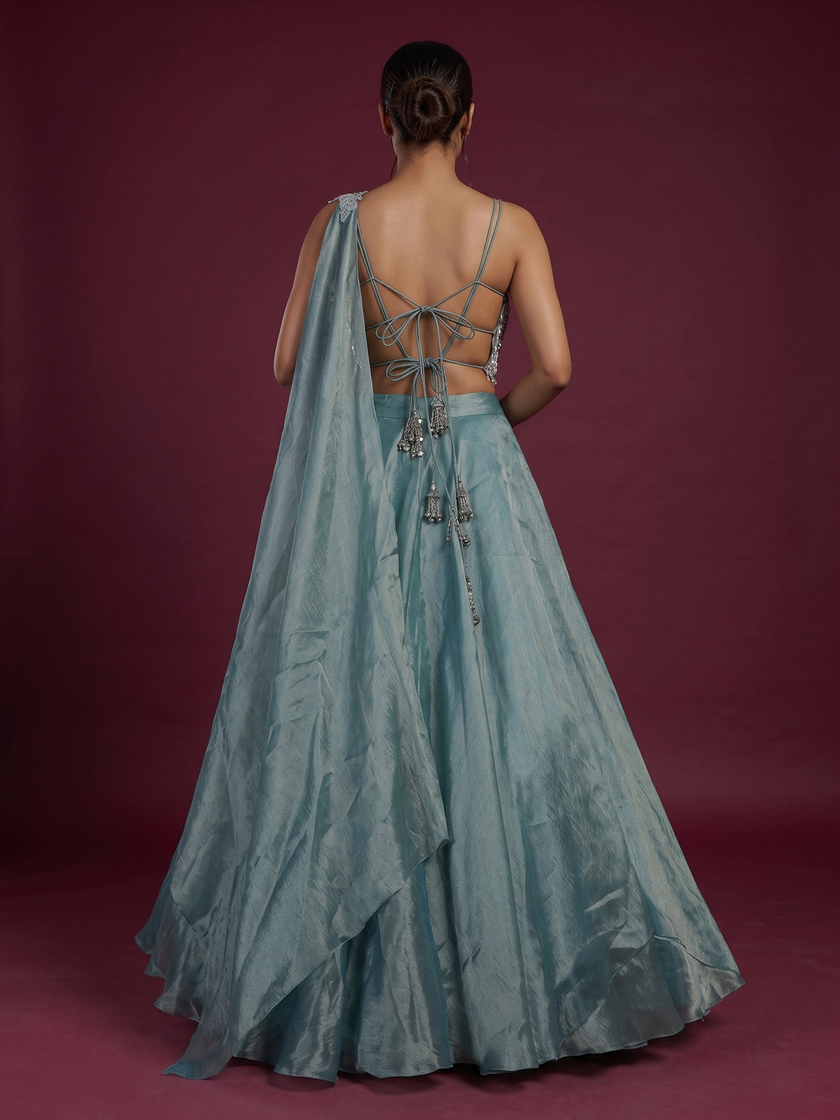Aqua satin silk fringe designer lehenga choli outfit