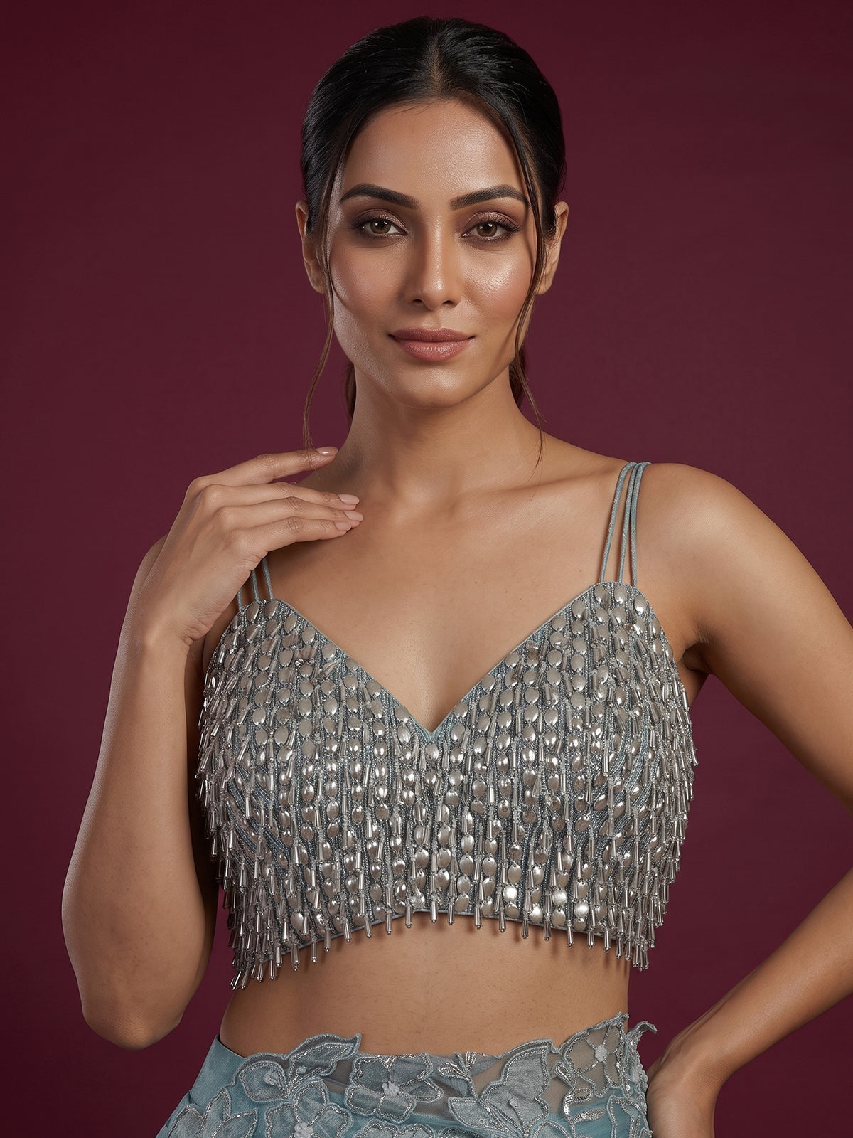 Aqua satin silk fringe designer lehenga choli outfit