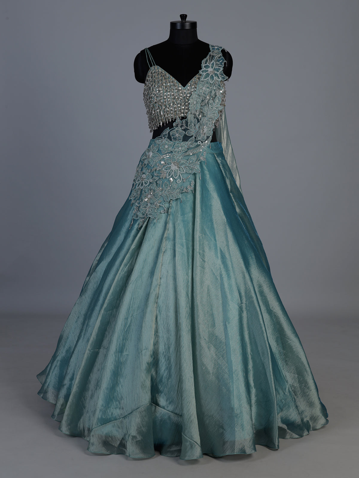 Aqua satin silk fringe designer lehenga choli outfit