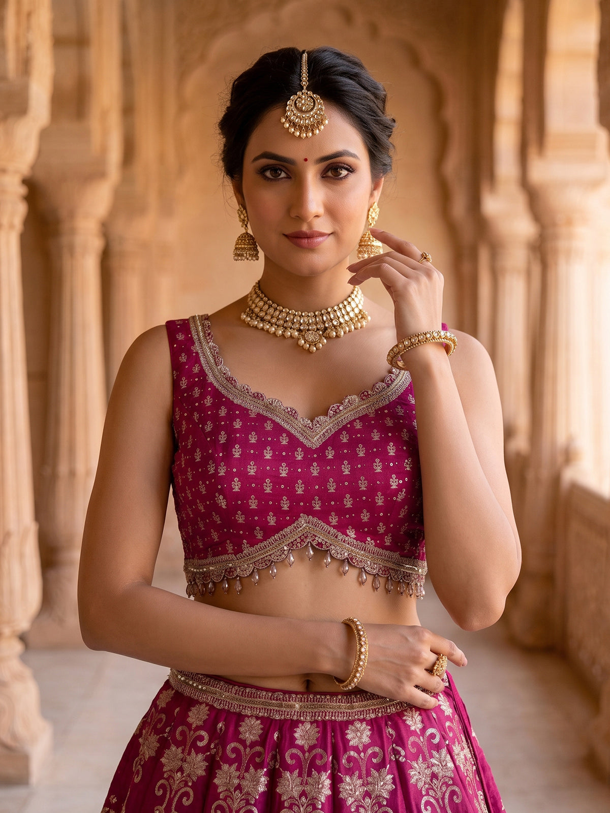 Rani pink banarasi silk printed bridal lehenga choli