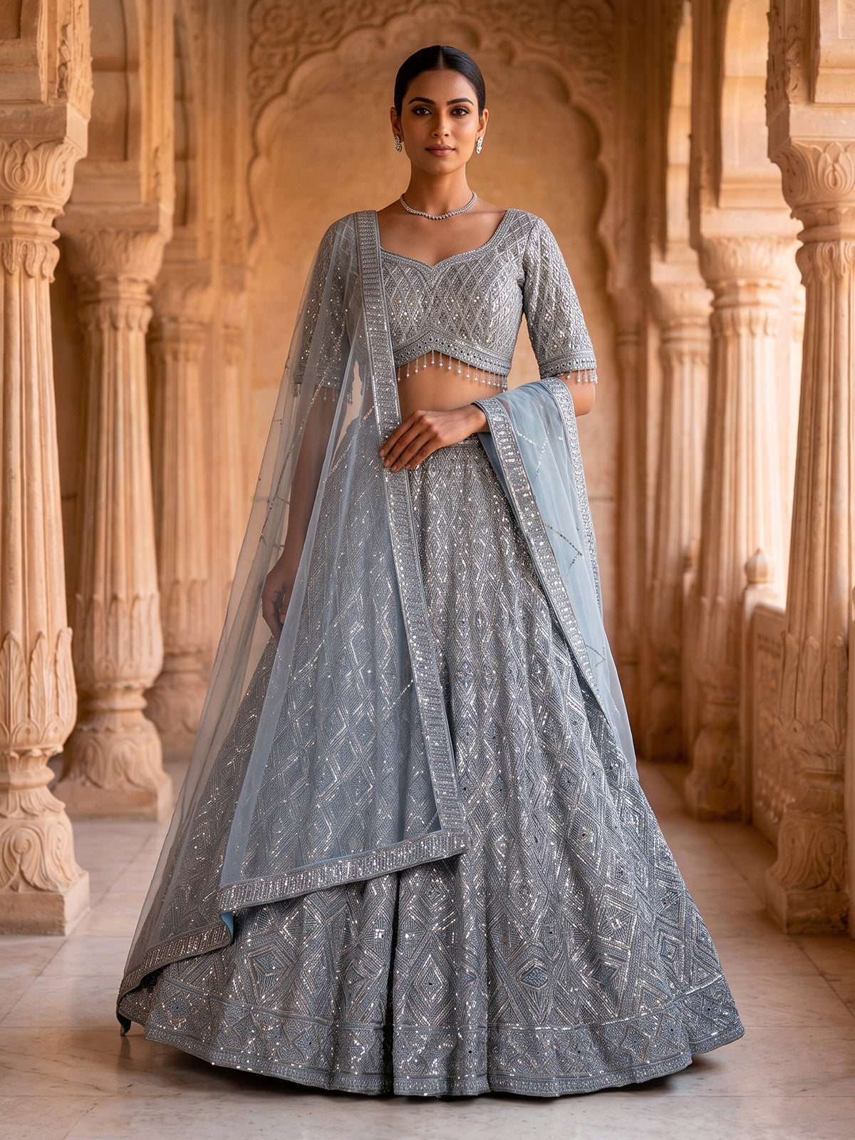 Grey embroidered net wedding lehenga choli for women