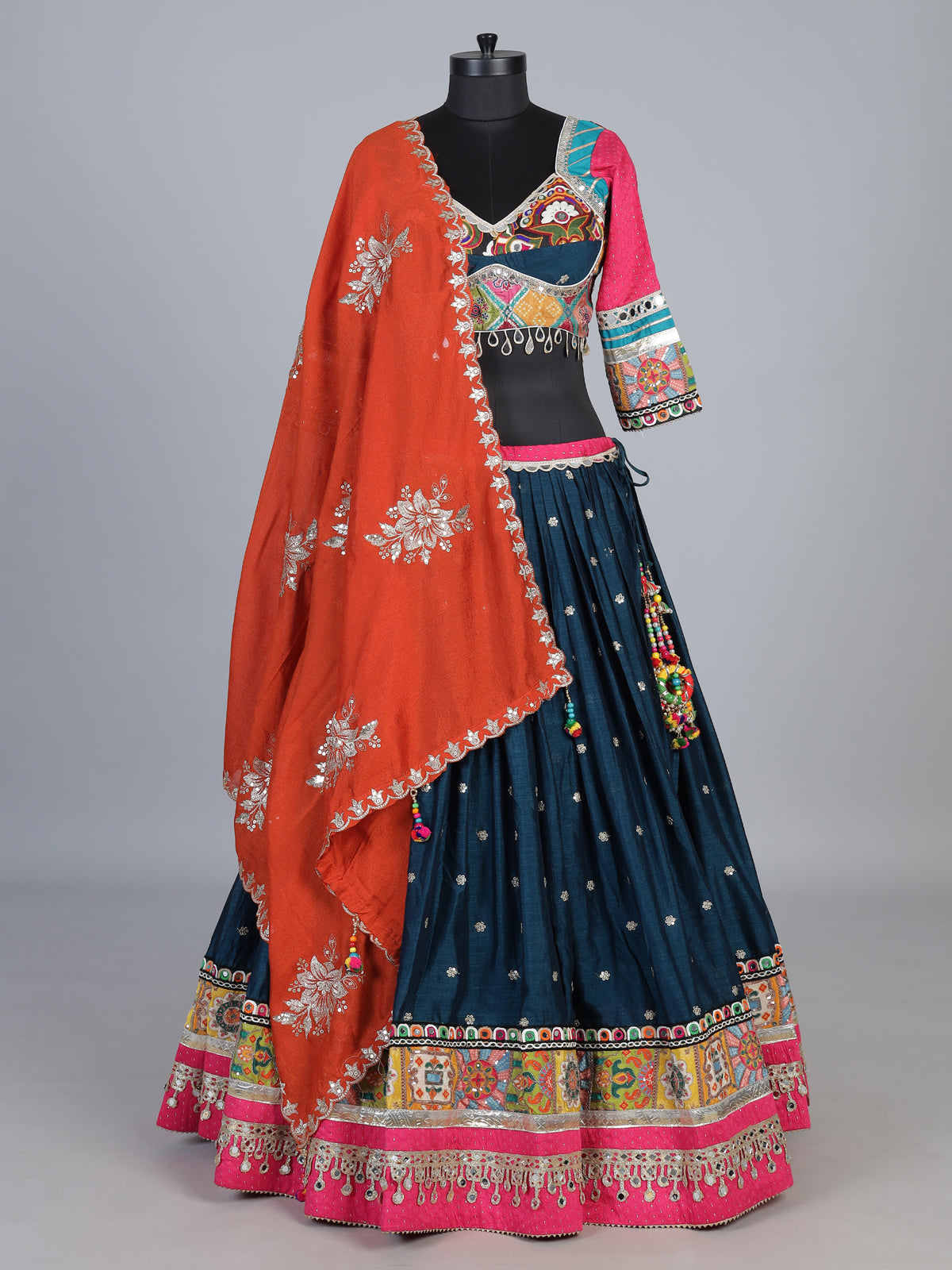 Blue embroidered silk garba lehenga choli with dupatta