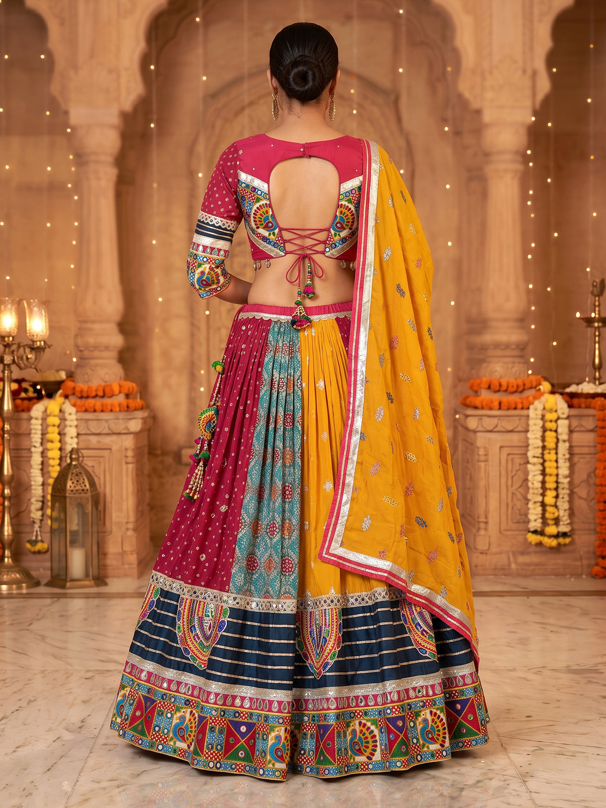 Yellow embroidered silk georgette festive lehenga choli