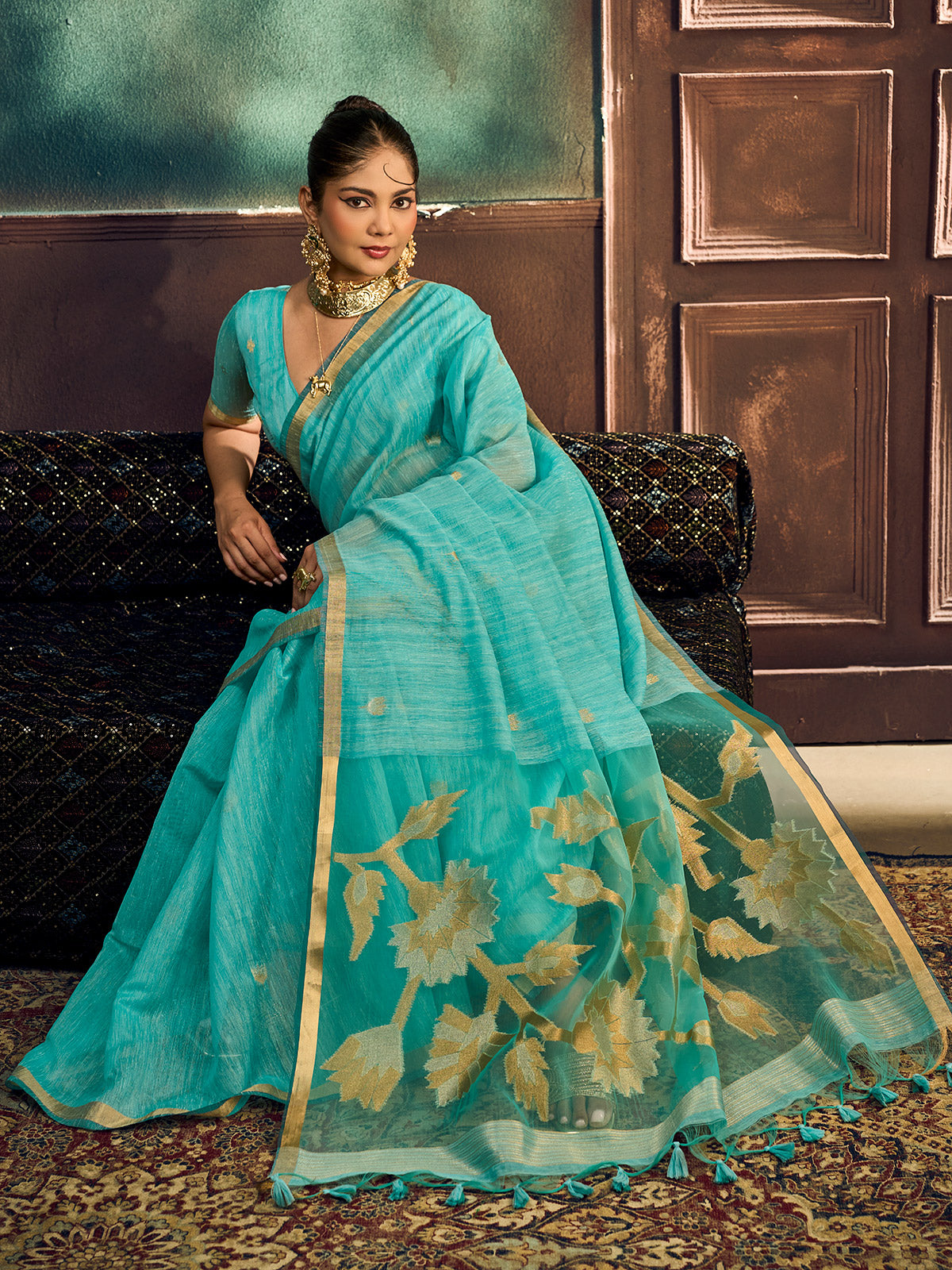 Sky blue traditional munga silk festive drape