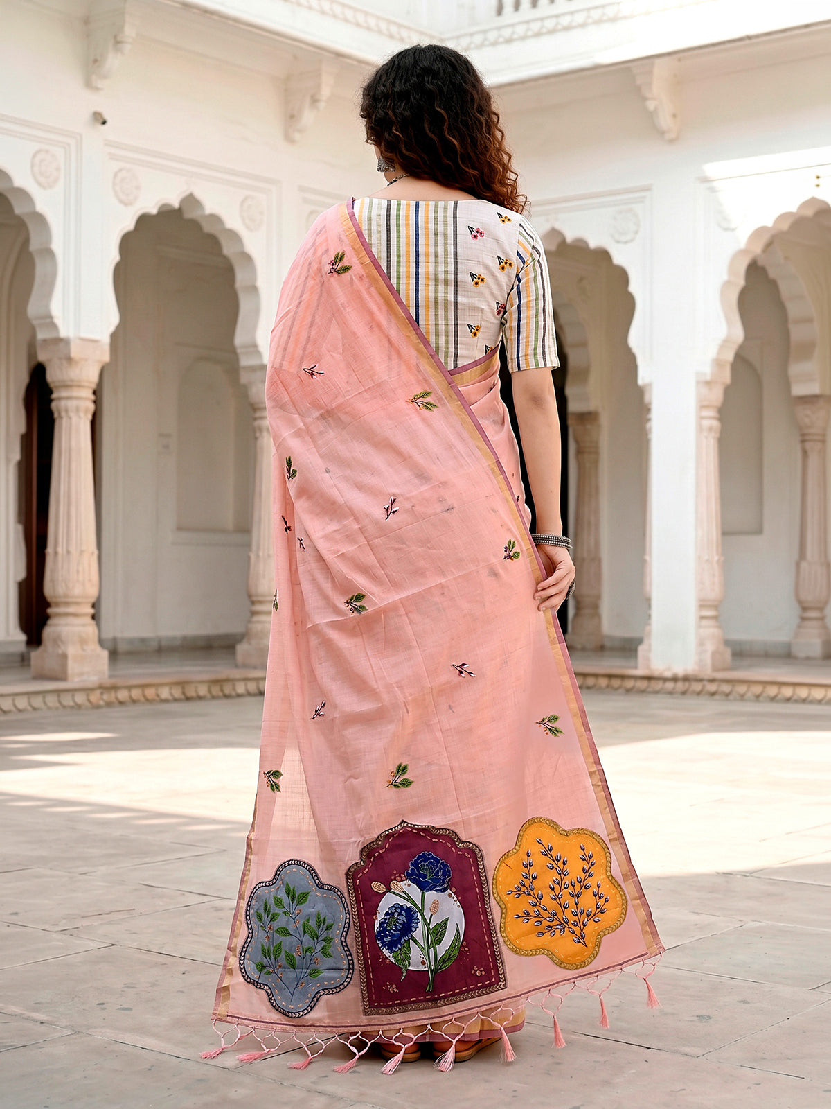 Peach designer printed cotton blend festive saree with zari accents