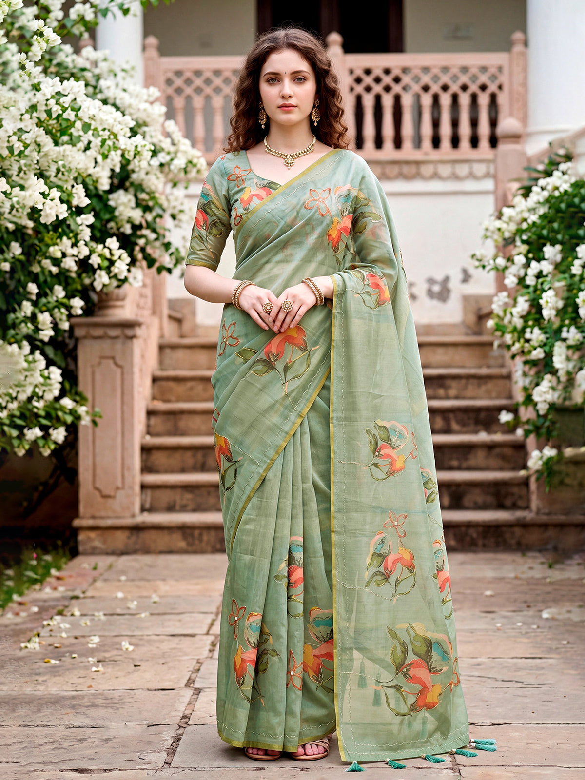 Mint blue designer linen cotton saree with floral printed elegance