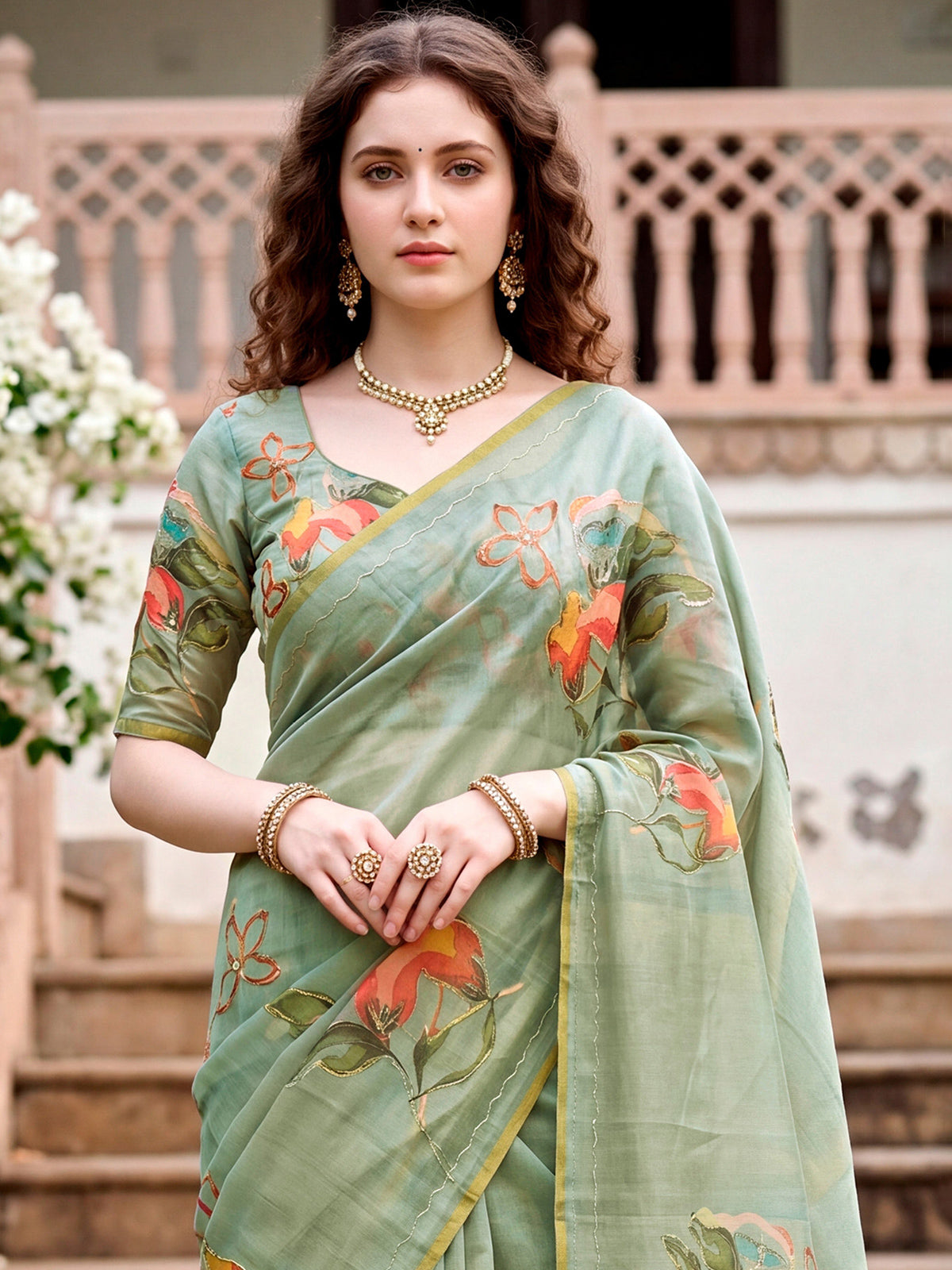 Mint blue designer linen cotton saree with floral printed elegance
