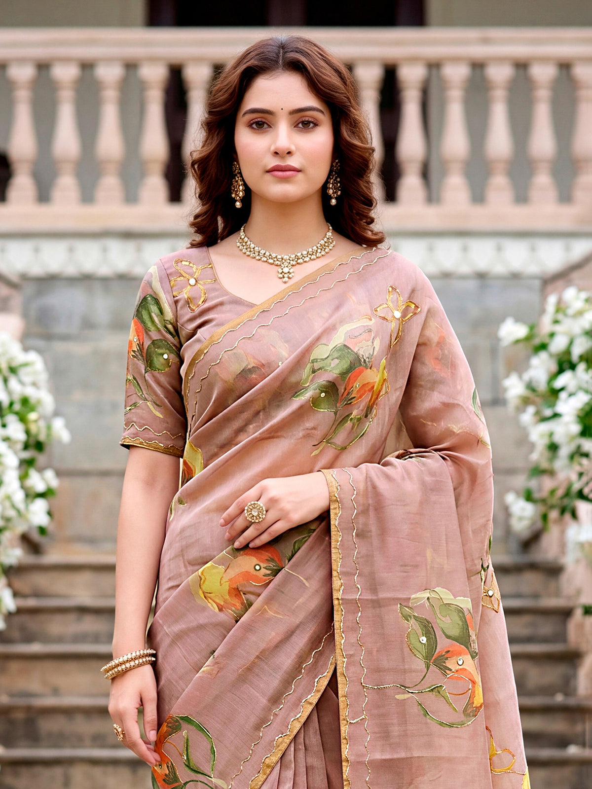 Brown floral printed linen cotton saree with elegant zardosi work