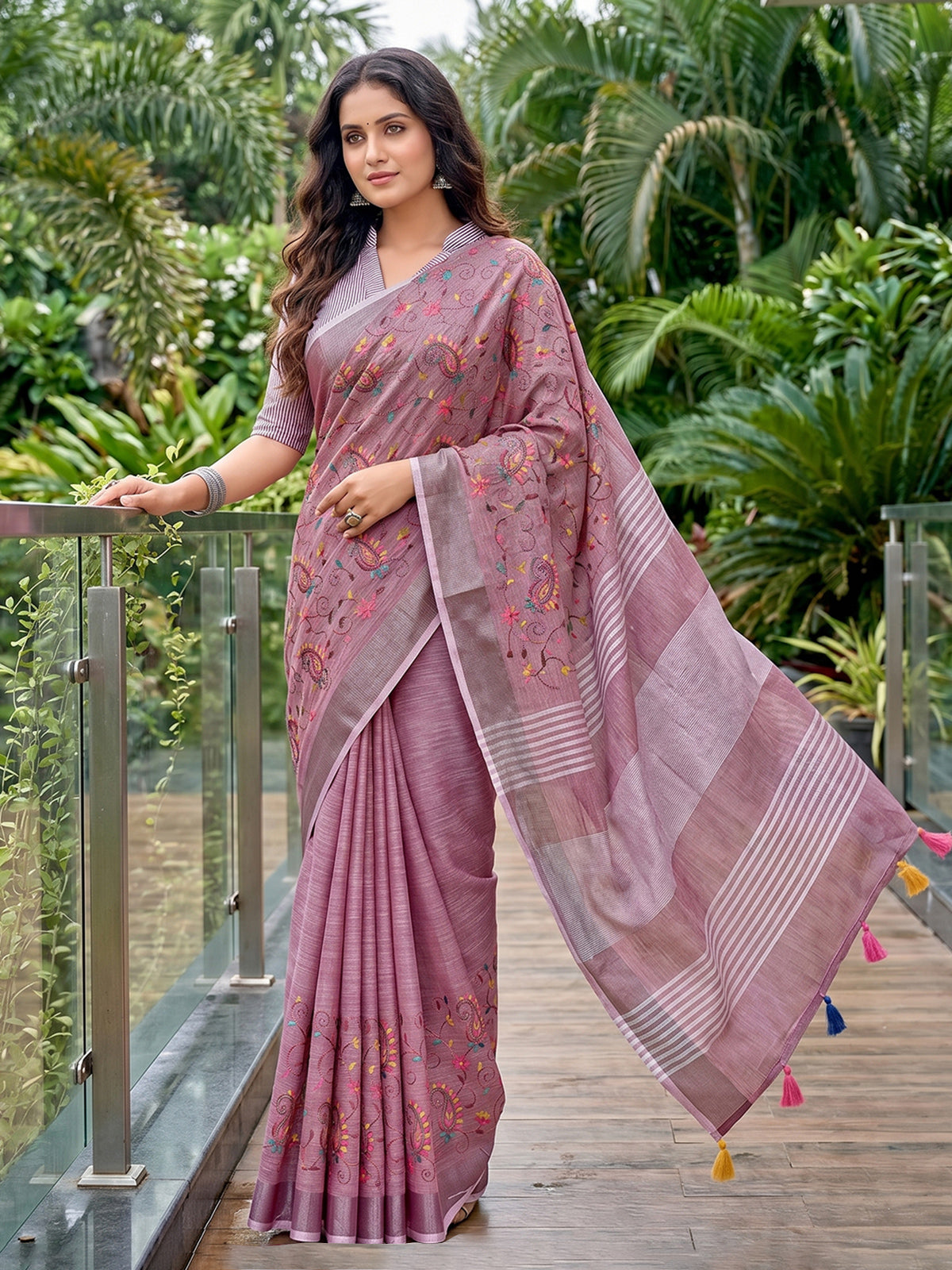Onion pink elegant linen saree with handcrafted kashmiri embroidery