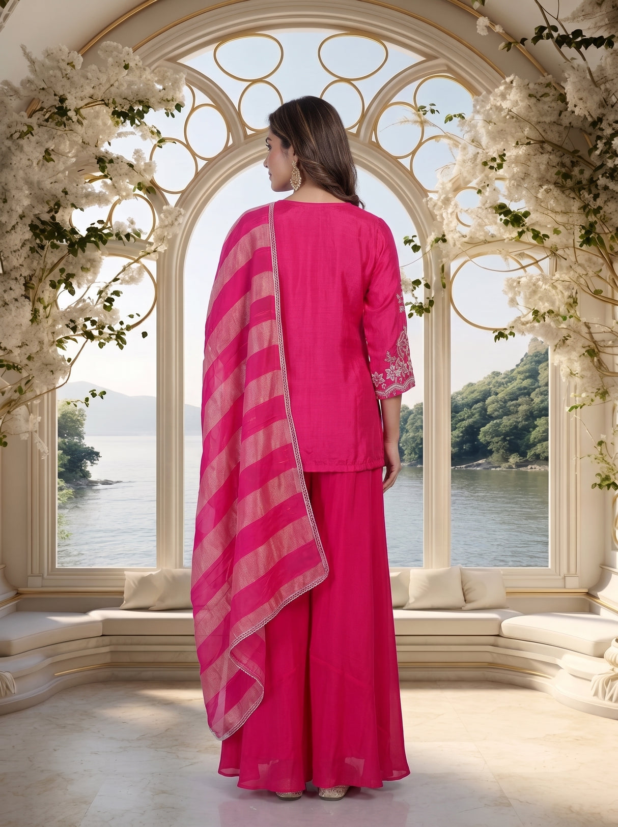 Rani pink embroidered cotton silk sharara suit with organza dupatta