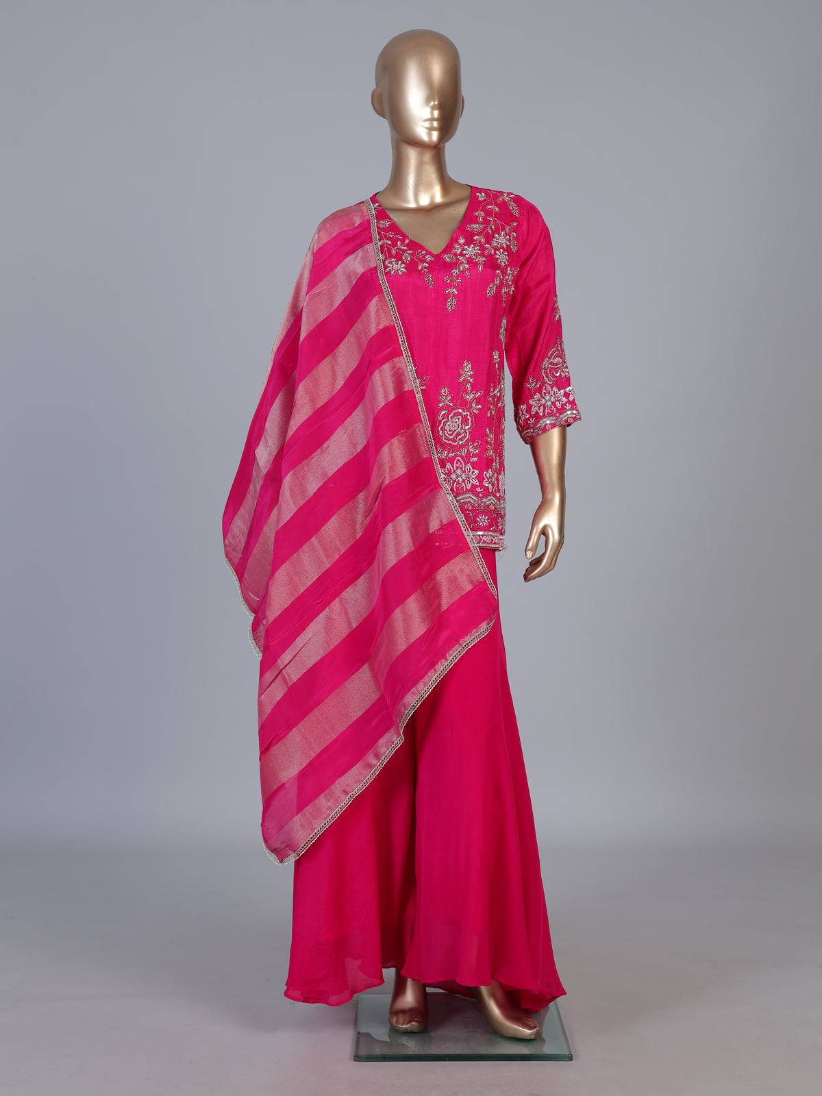 Rani pink embroidered cotton silk sharara suit with organza dupatta