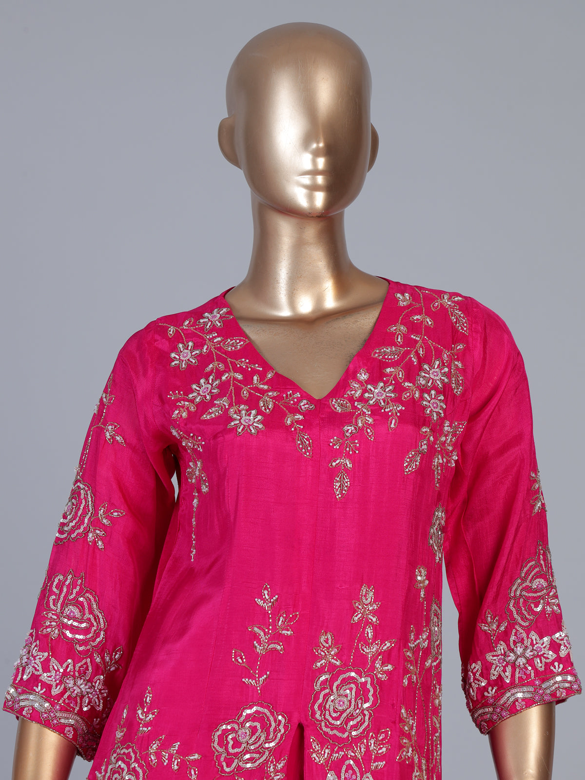 Rani pink embroidered cotton silk sharara suit with organza dupatta