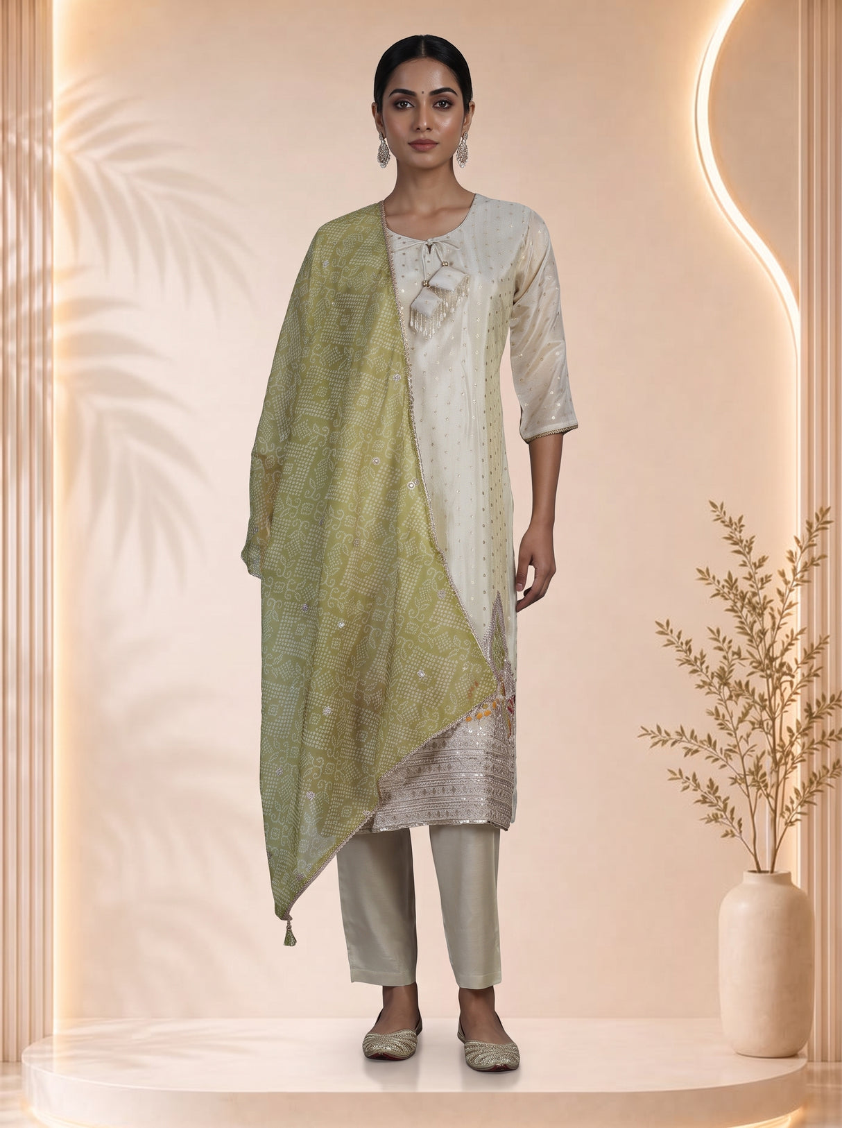 Cream silk straight salwar suit with Bandhani printed dupatta