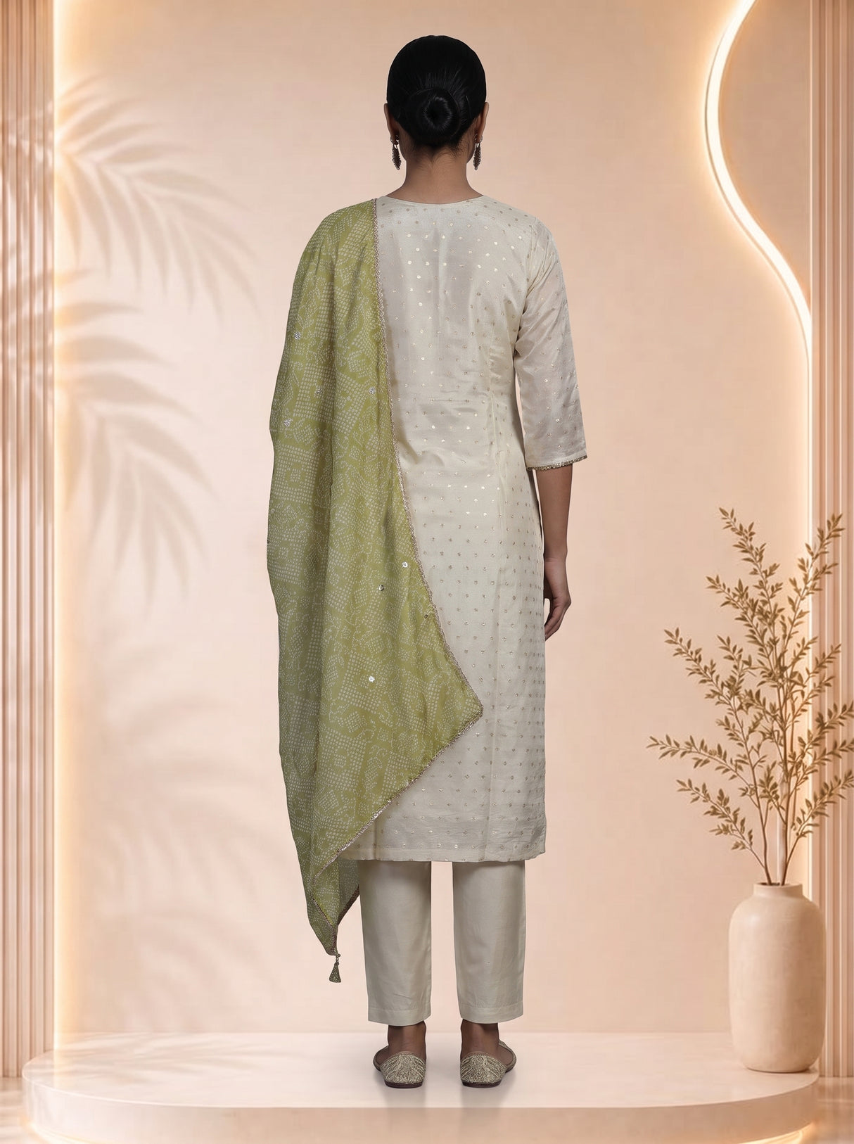 Cream silk straight salwar suit with Bandhani printed dupatta