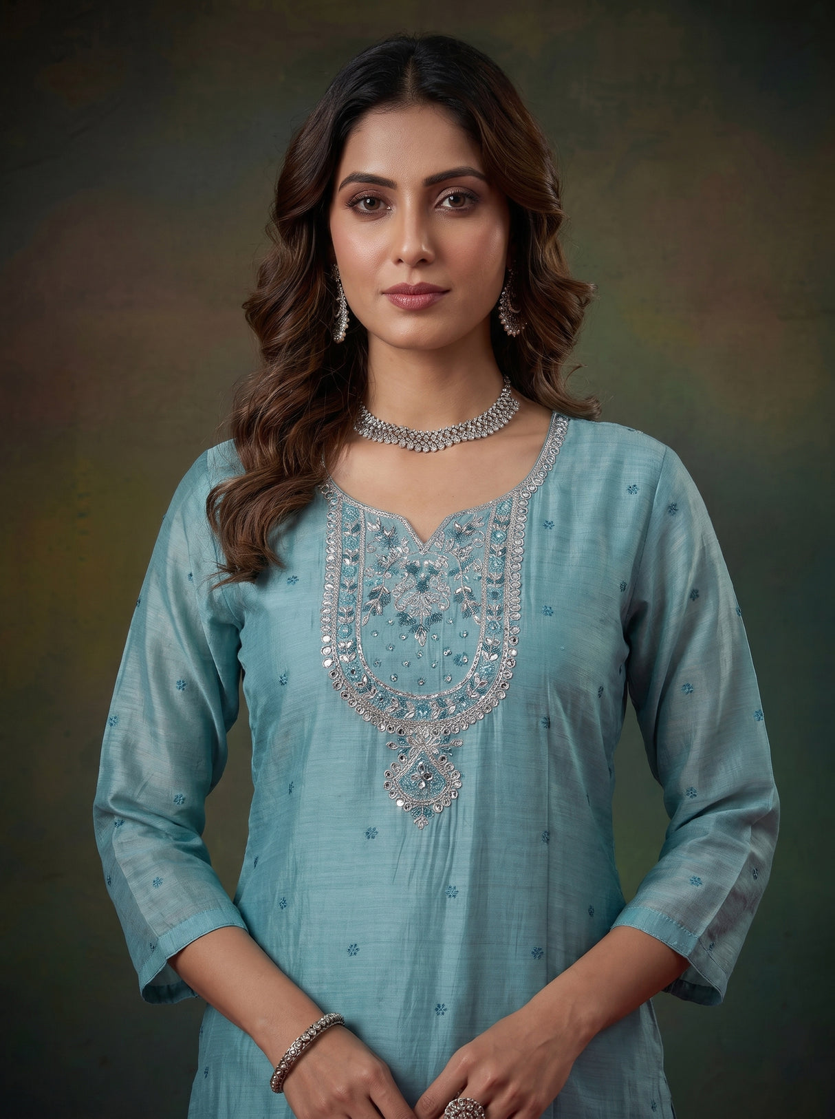Blue festive cotton silk straight salwar suit with embroidered dupatta