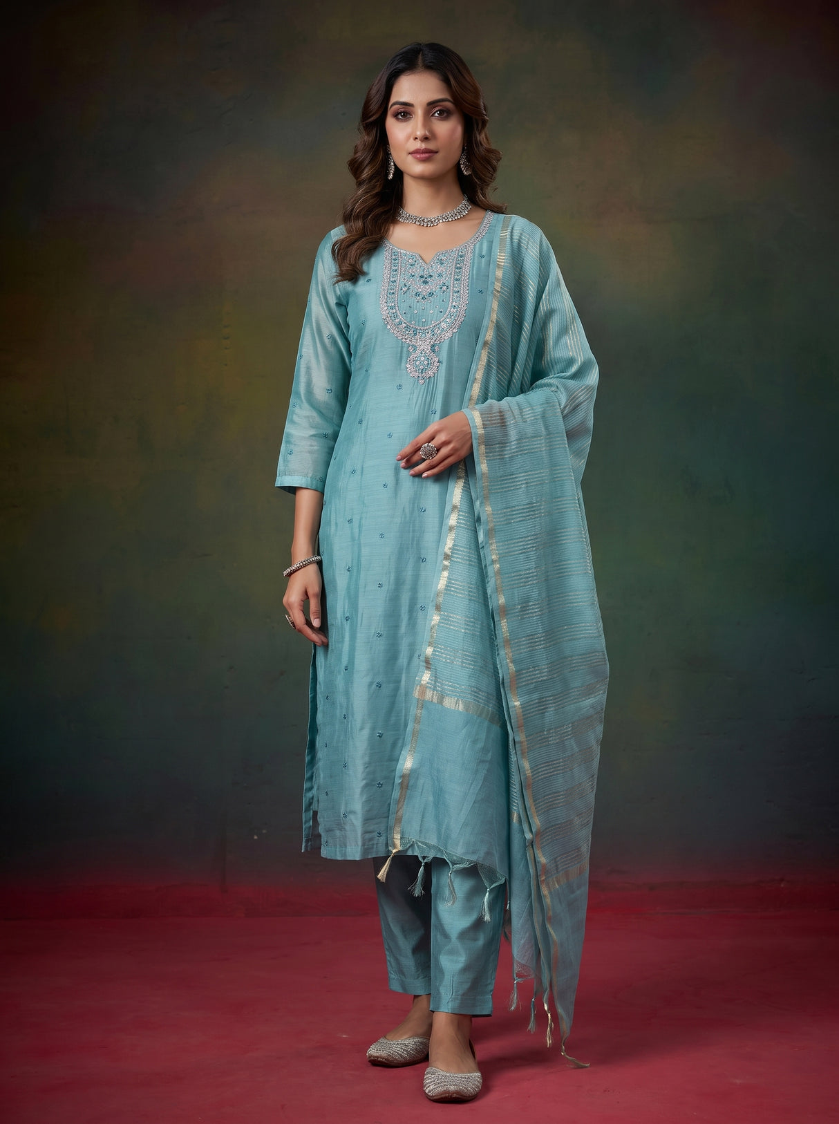 Blue festive cotton silk straight salwar suit with embroidered dupatta