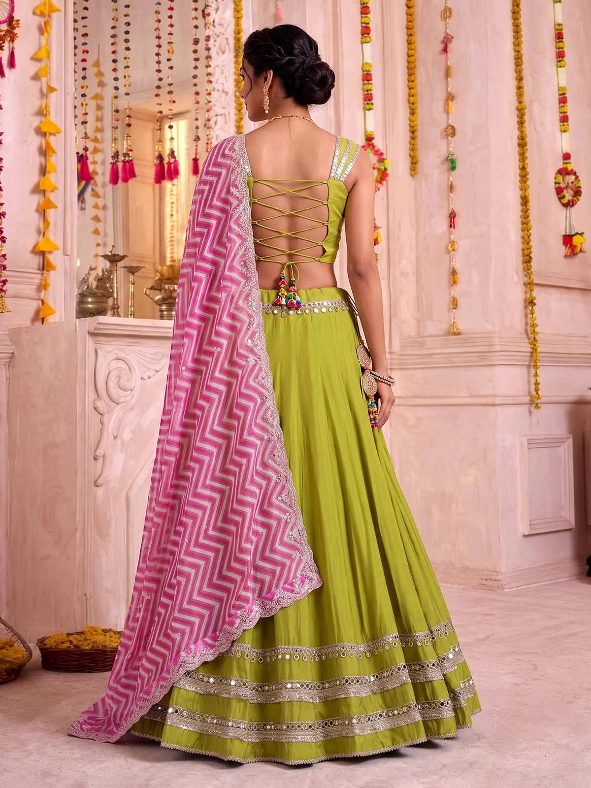 Parrot green upada silk festive lehenga choli with dupatta