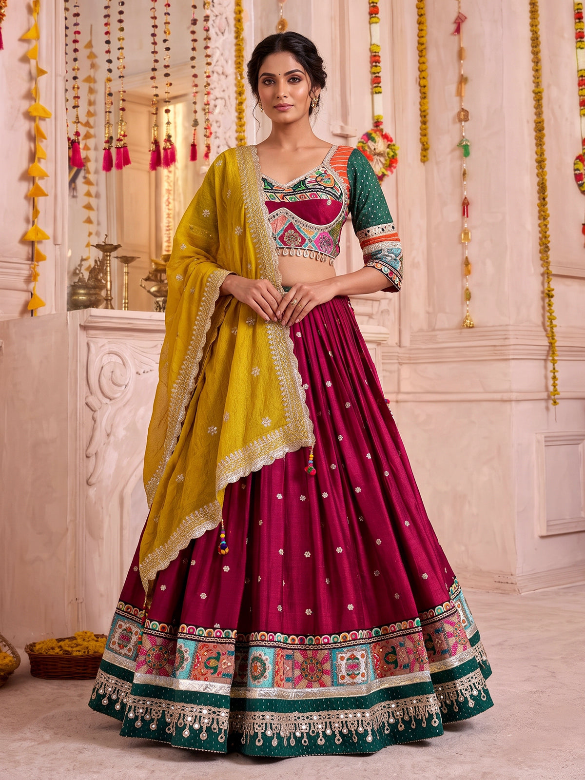 Maroon georgette silk embroidered lehenga choli with dupatta