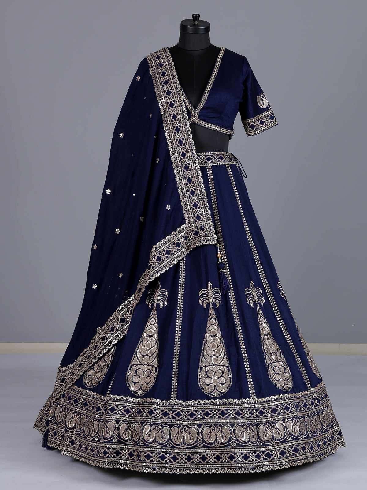 Navy blue cotton silk embroidered lehenga choli with dupatta