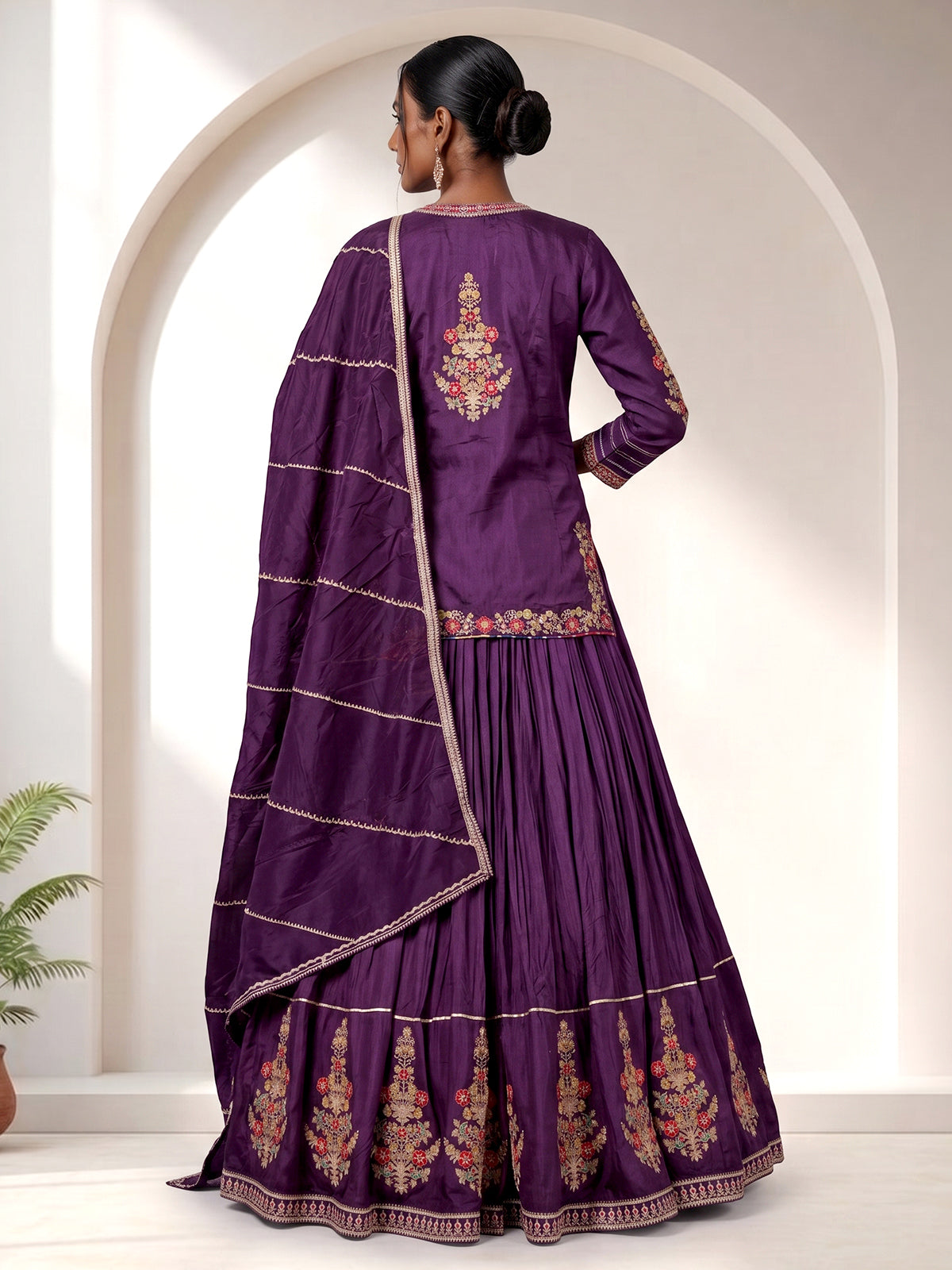 Violet rajasthani crepe silk embroidered lehenga choli