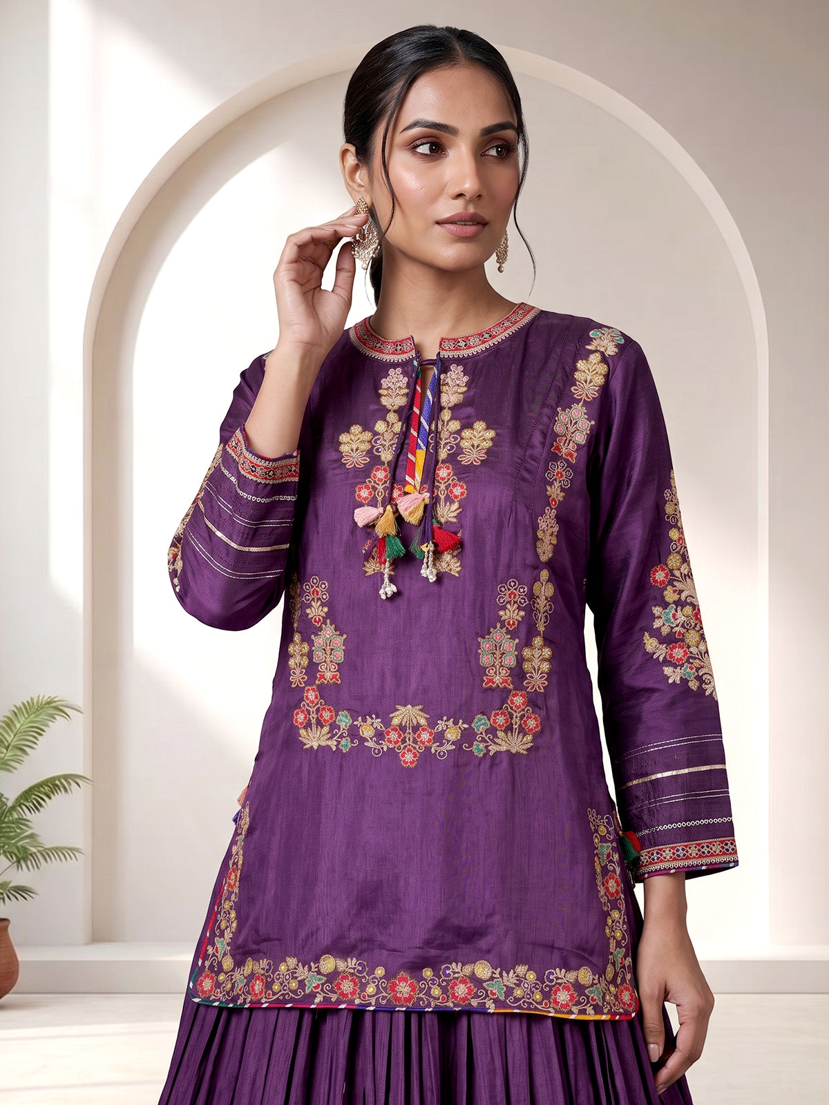Violet rajasthani crepe silk embroidered lehenga choli