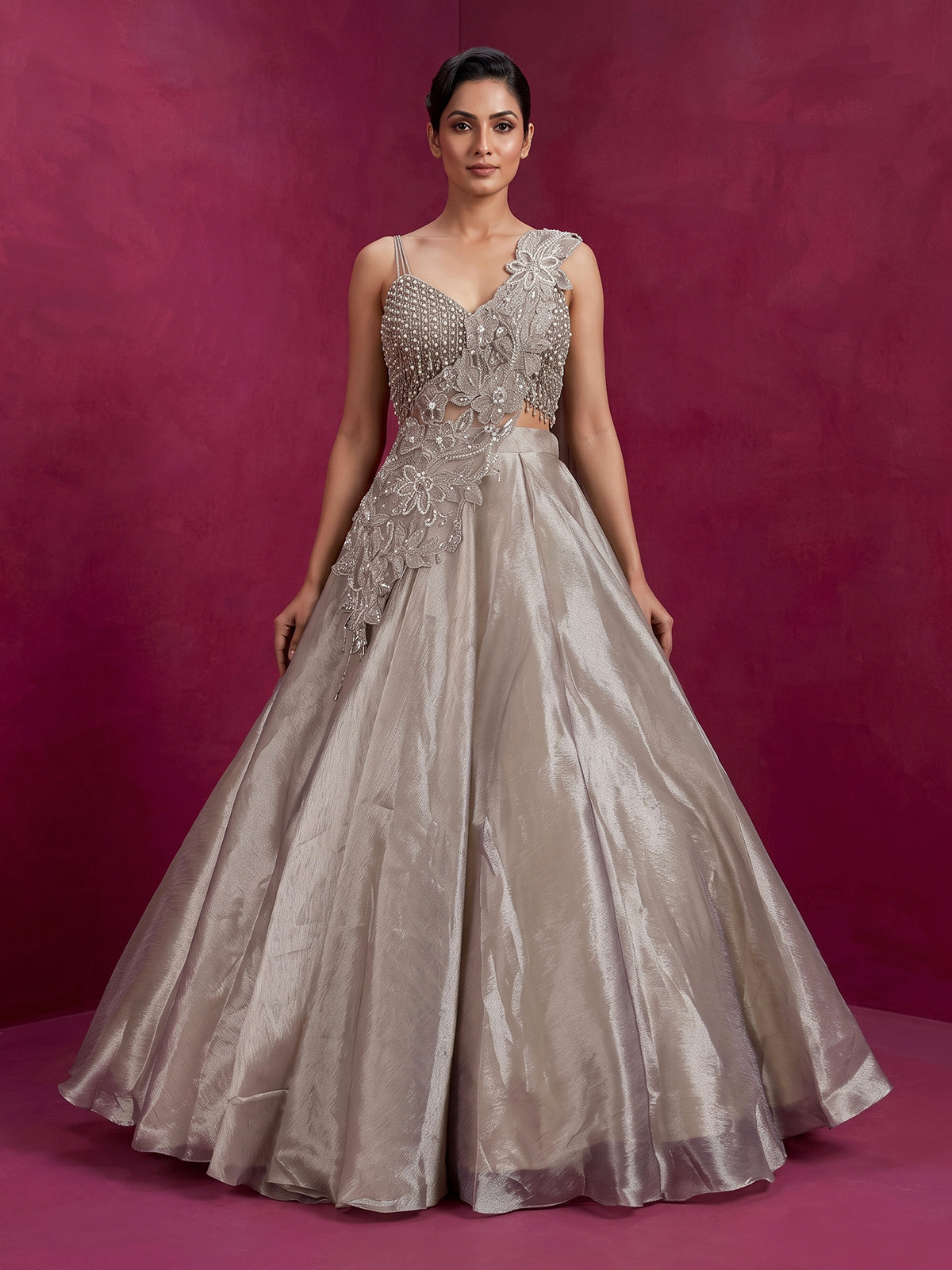 Grey shimmer tissue silk couture lehenga choli with dupatta