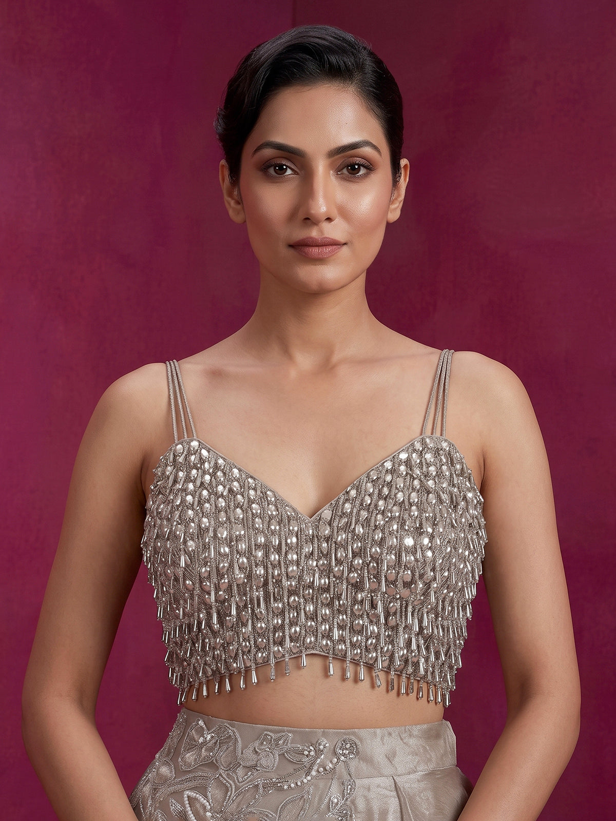 Grey shimmer tissue silk couture lehenga choli with dupatta
