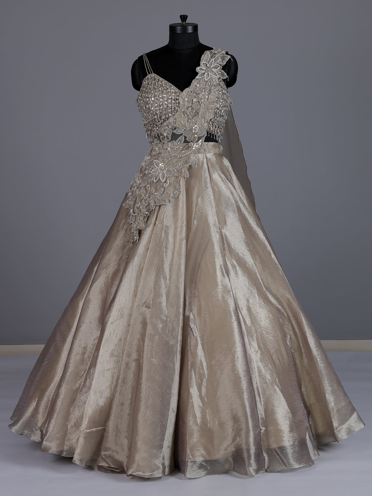 Grey shimmer tissue silk couture lehenga choli with dupatta