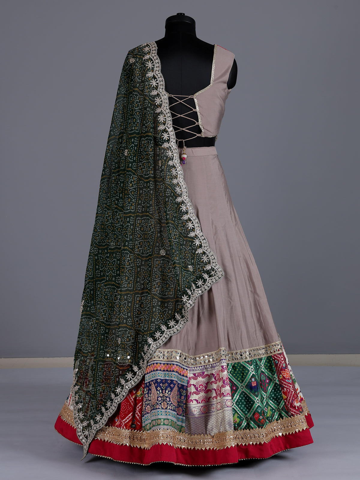 Beige satin silk embroidered navratri chaniya choli