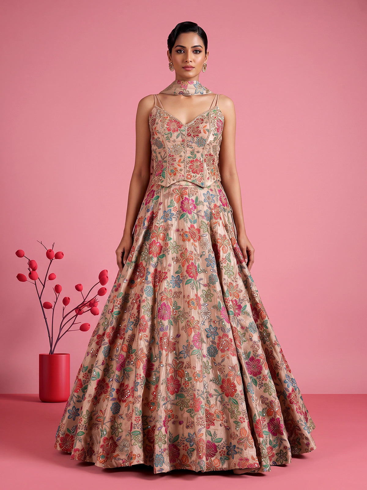 Beige printed crepe silk lehenga choli with dupatta