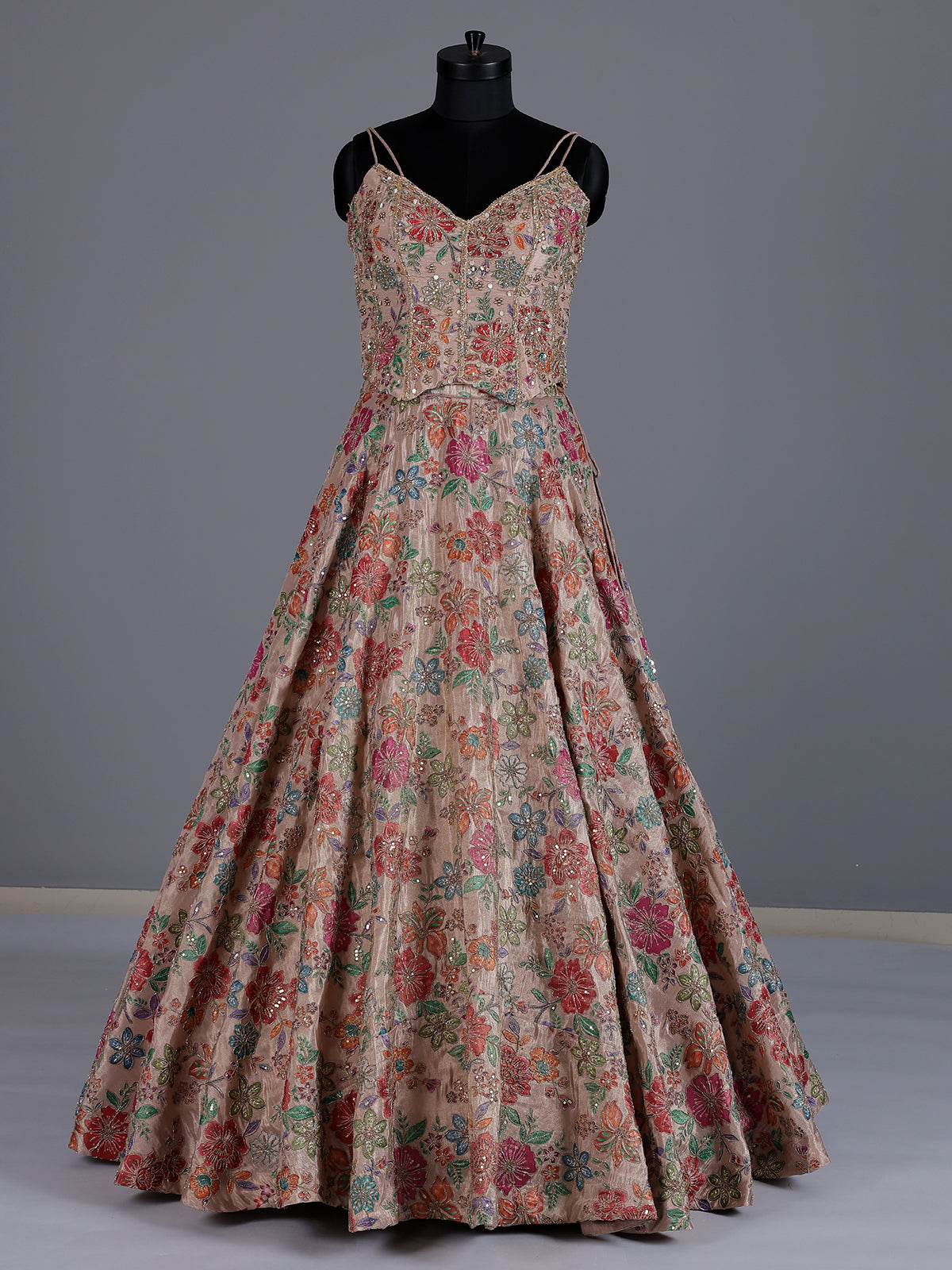 Beige printed crepe silk lehenga choli with dupatta